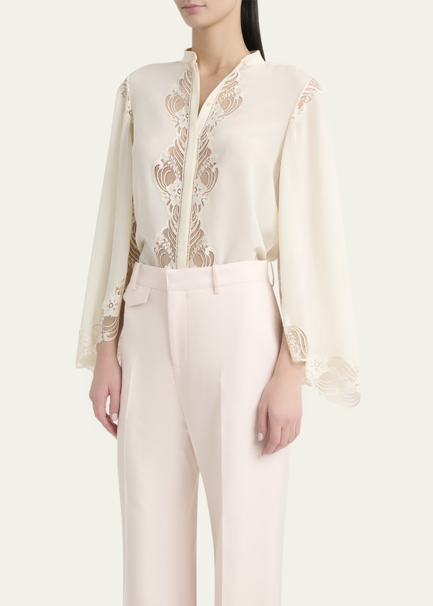 Chloe Lace Placket Tulip-Sleeve Silk Blouse Image 4 of 5