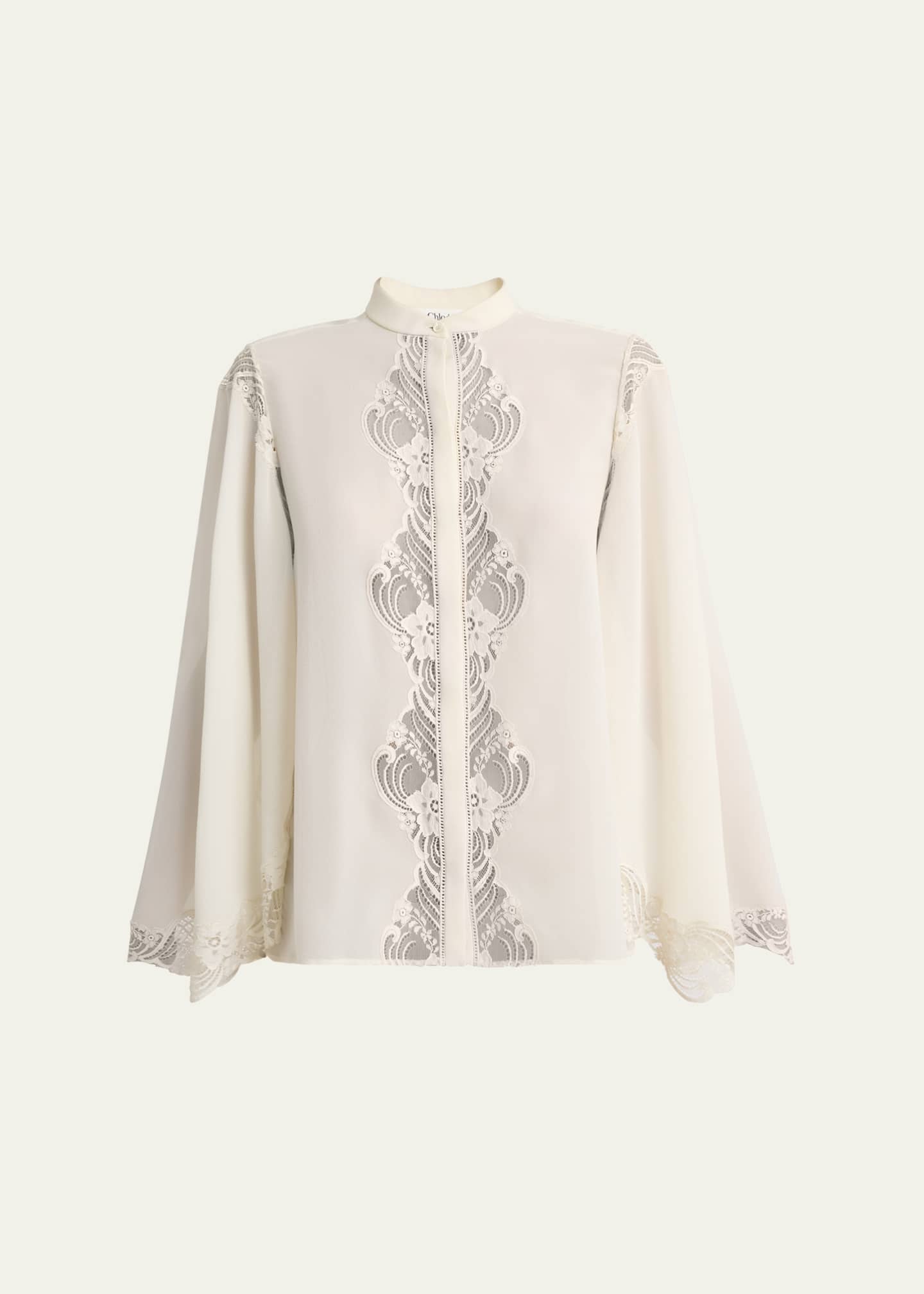 Chloe Lace Placket Tulip-Sleeve Silk Blouse Image 1 of 5