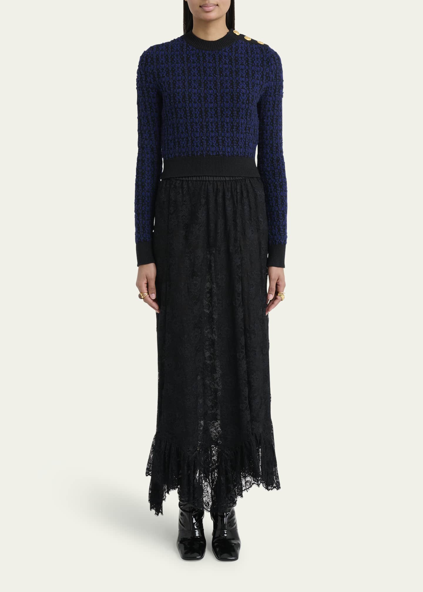 Chloe Button-Shoulder Boucle Knit Crop Sweater Image 2 of 5