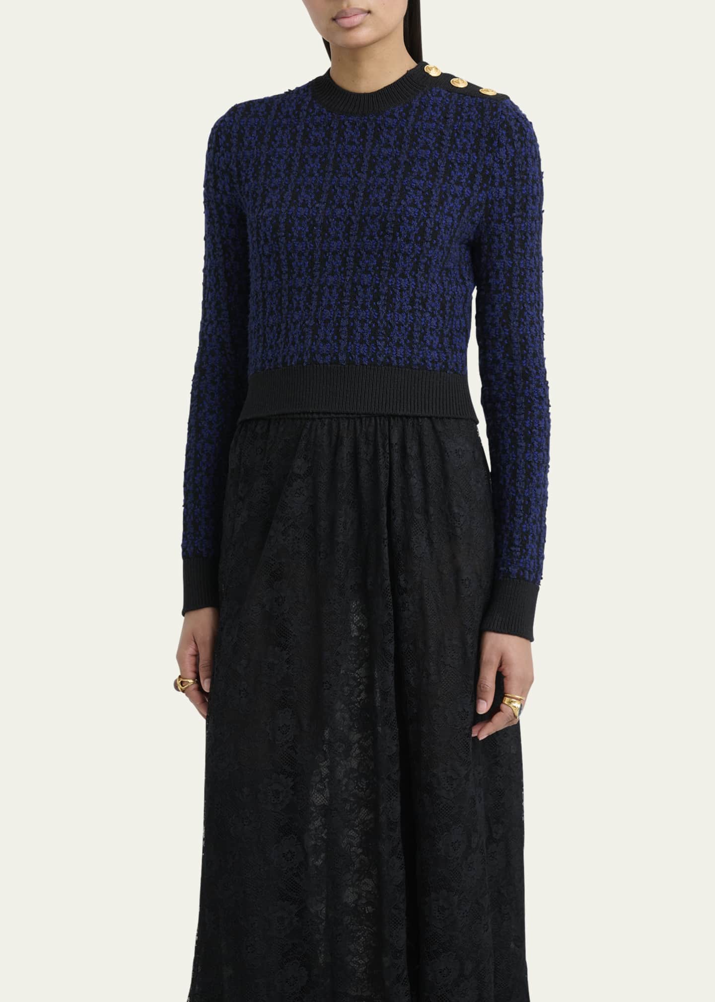 Chloe Button-Shoulder Boucle Knit Crop Sweater Image 4 of 5