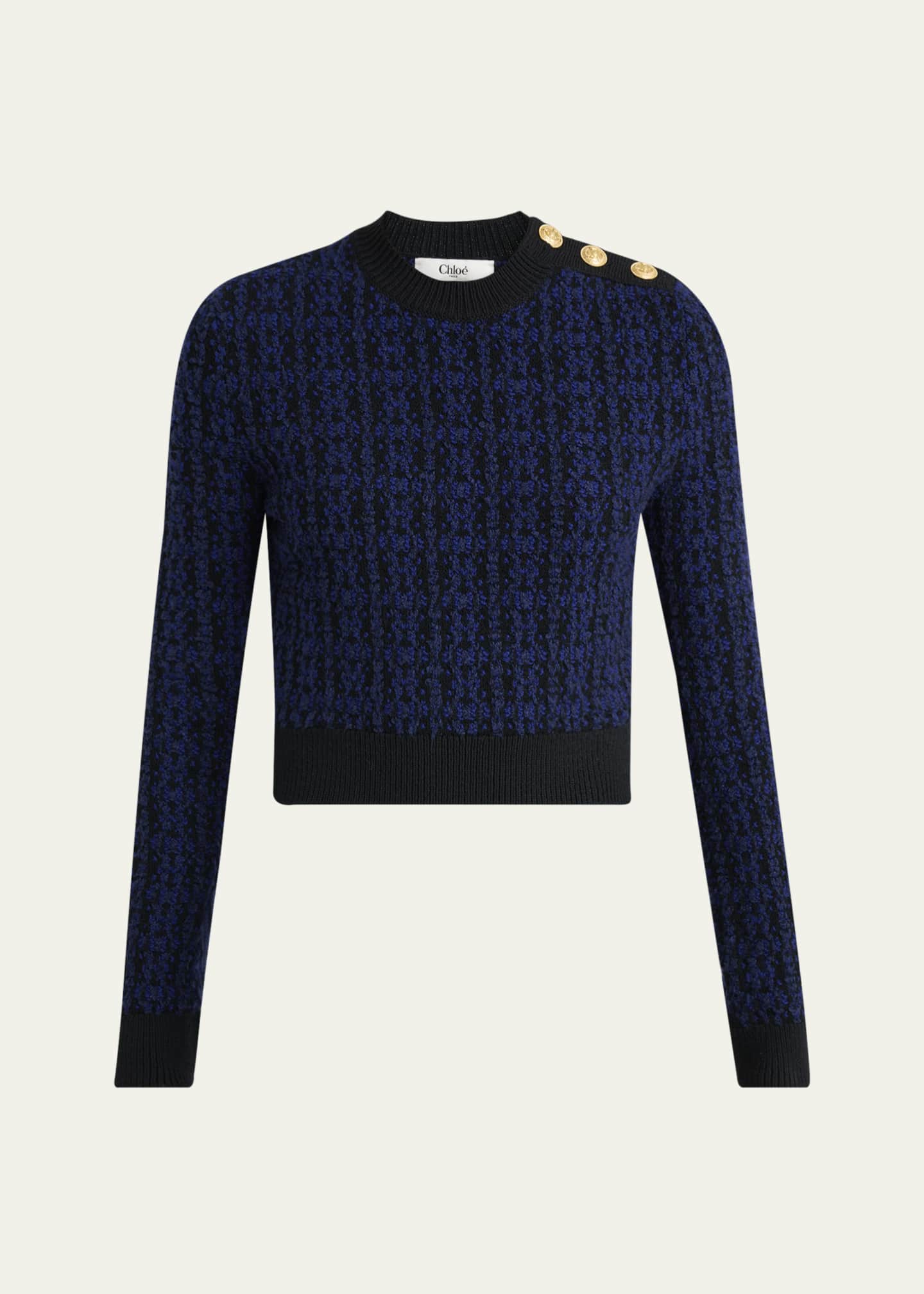 Chloe Button-Shoulder Boucle Knit Crop Sweater Image 1 of 5