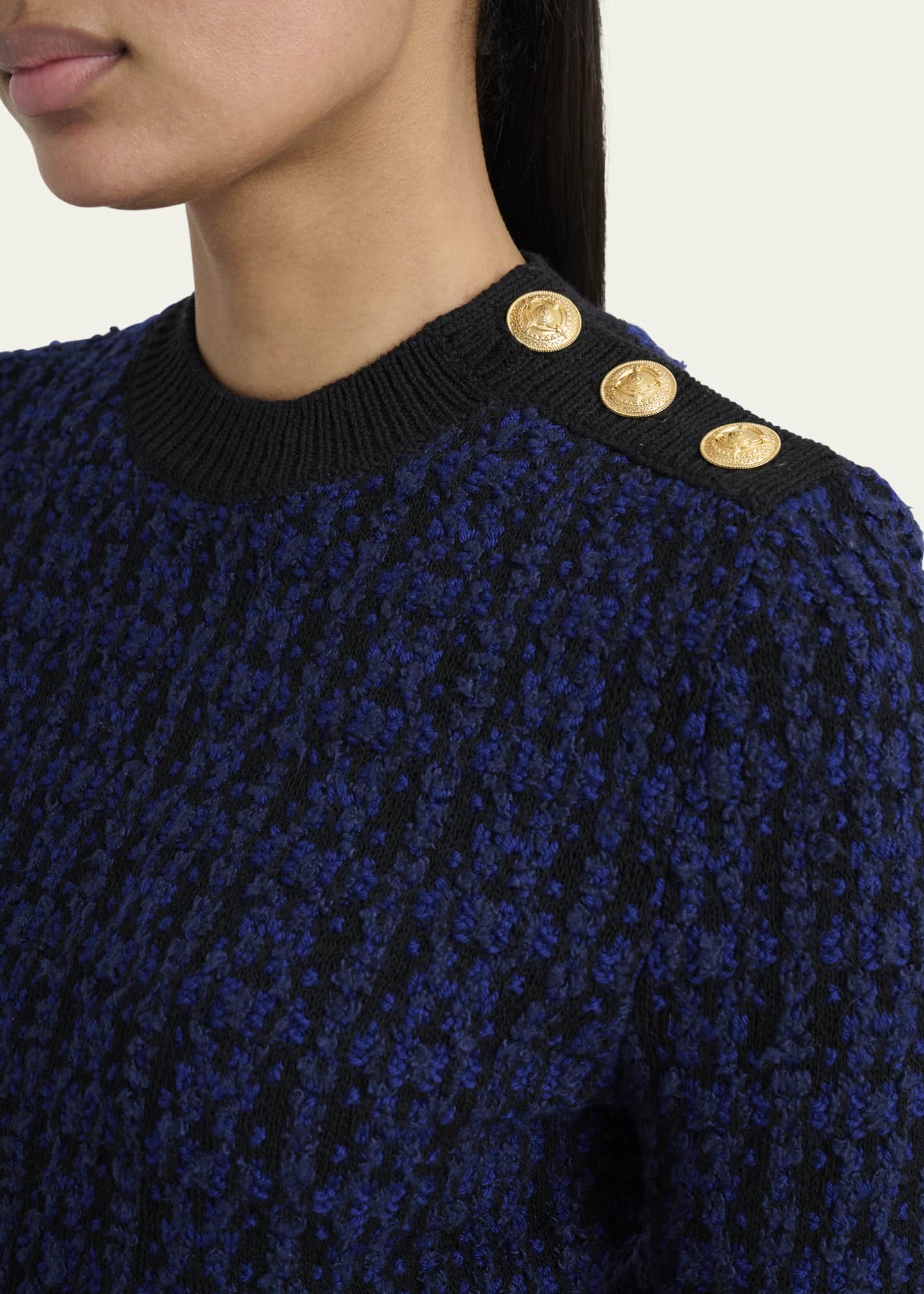 Chloe Button-Shoulder Boucle Knit Crop Sweater Image 5 of 5