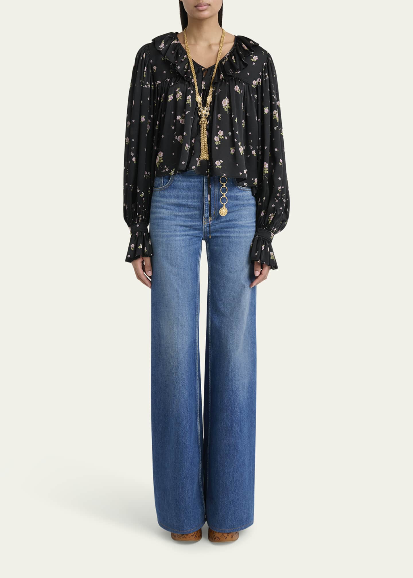 Chloe Floral Silk Ruffle Peasant Blouse Image 2 of 5