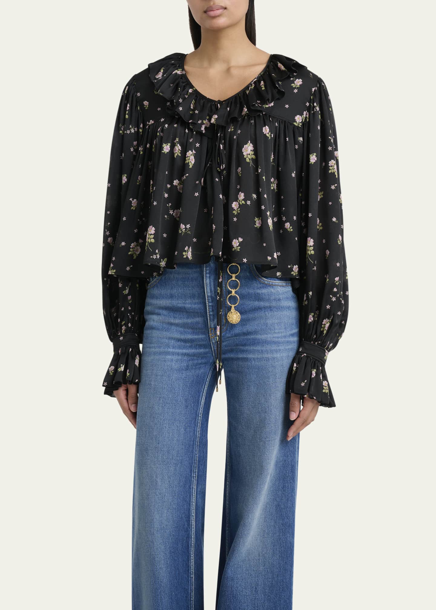 Chloe Floral Silk Ruffle Peasant Blouse Image 4 of 5