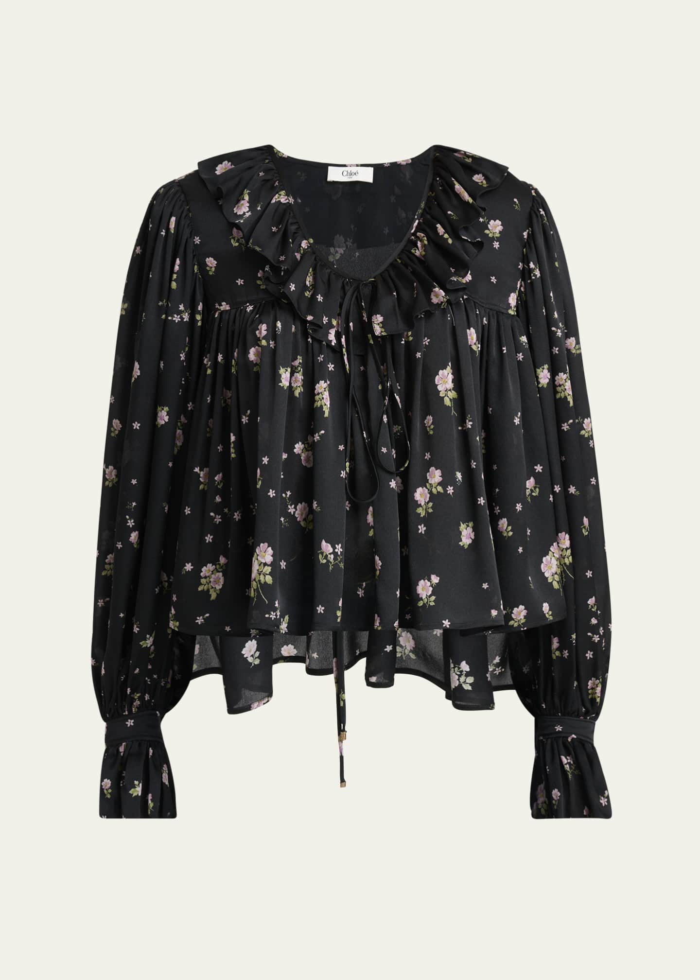 Chloe Floral Silk Ruffle Peasant Blouse Image 1 of 5