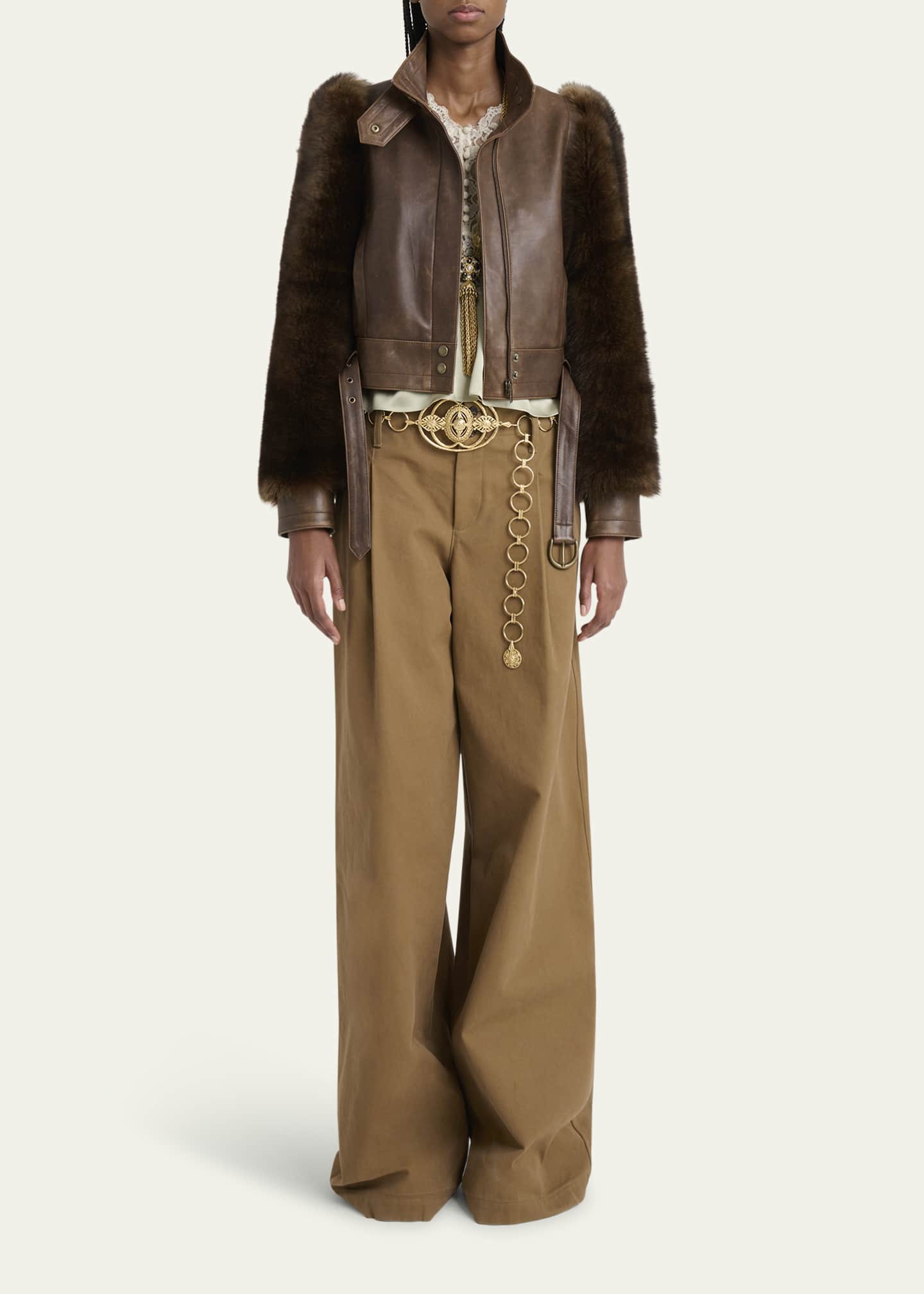 Chloe Faux Fur Sleeves Leather Bomber Jacket Image 2 of 5