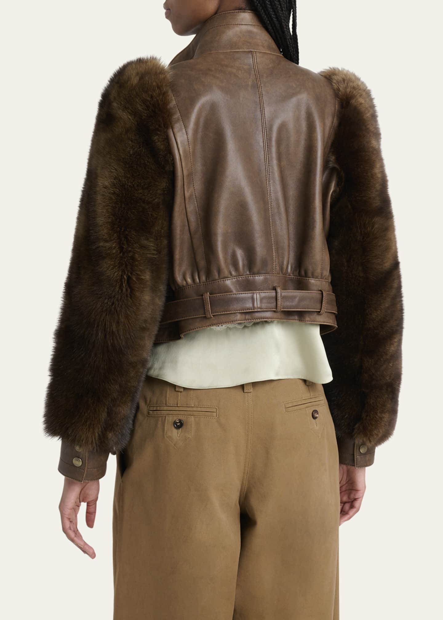 Chloe Faux Fur Sleeves Leather Bomber Jacket Image 3 of 5