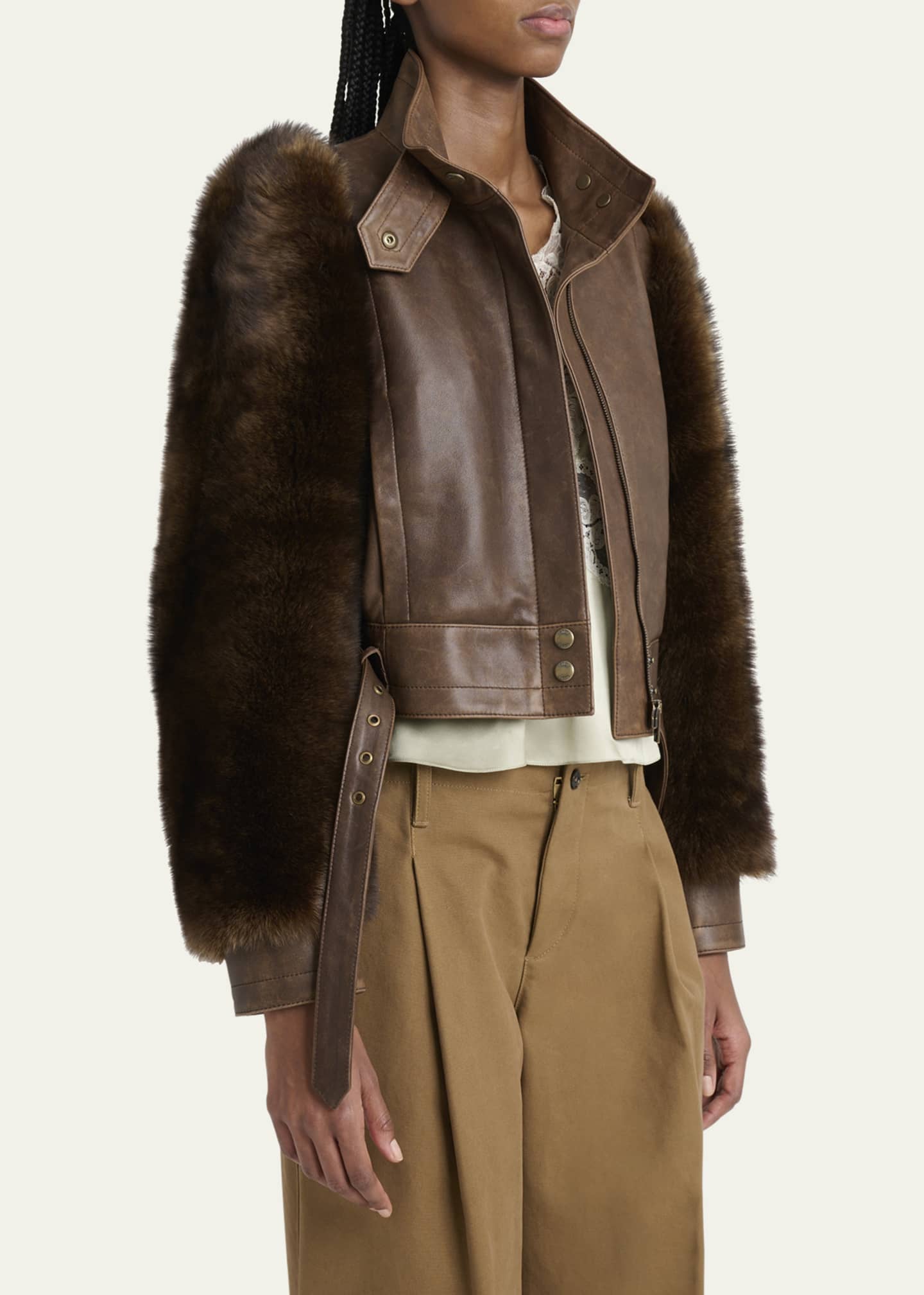 Chloe Faux Fur Sleeves Leather Bomber Jacket Image 4 of 5