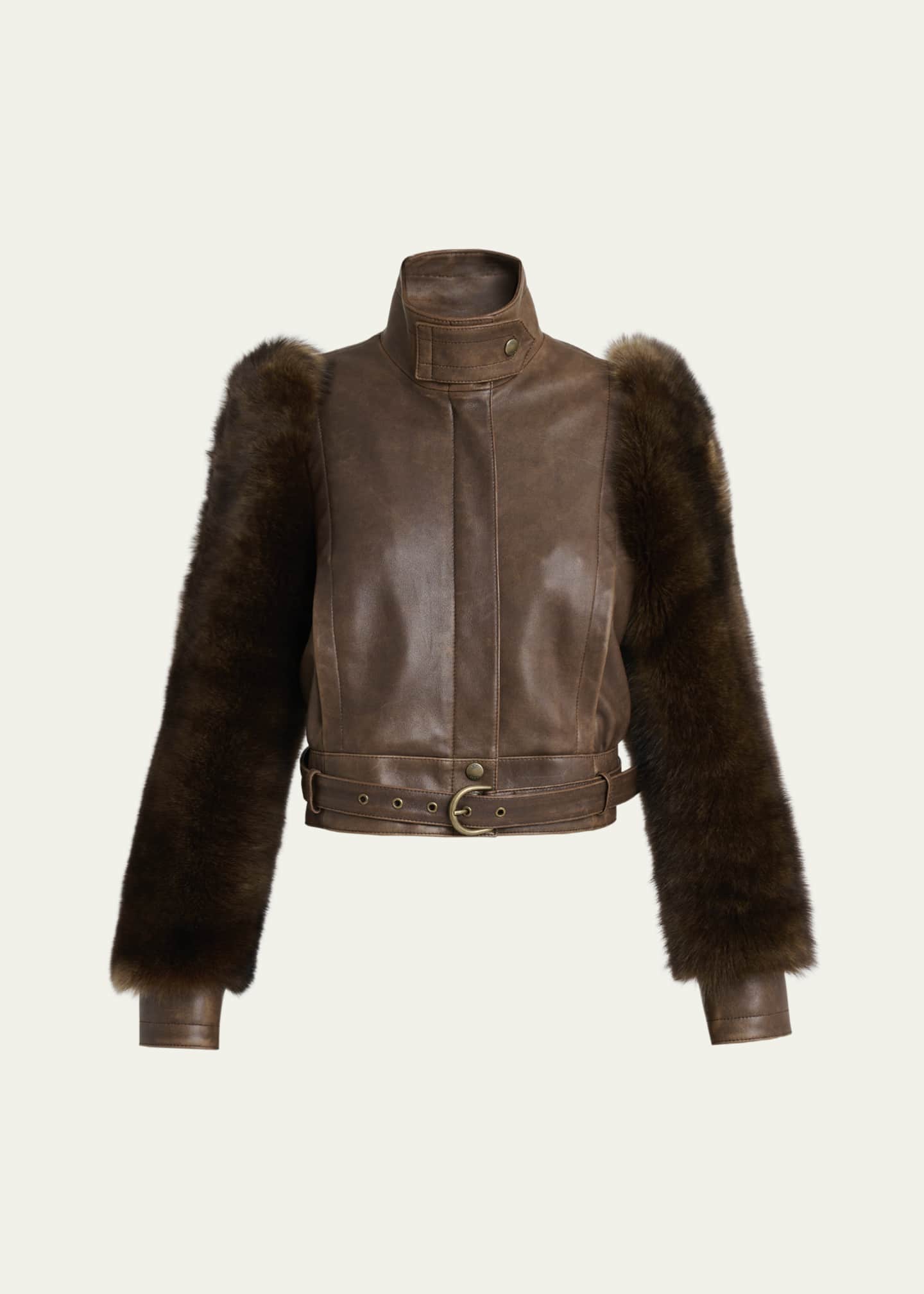 Chloe Faux Fur Sleeves Leather Bomber Jacket Image 1 of 5
