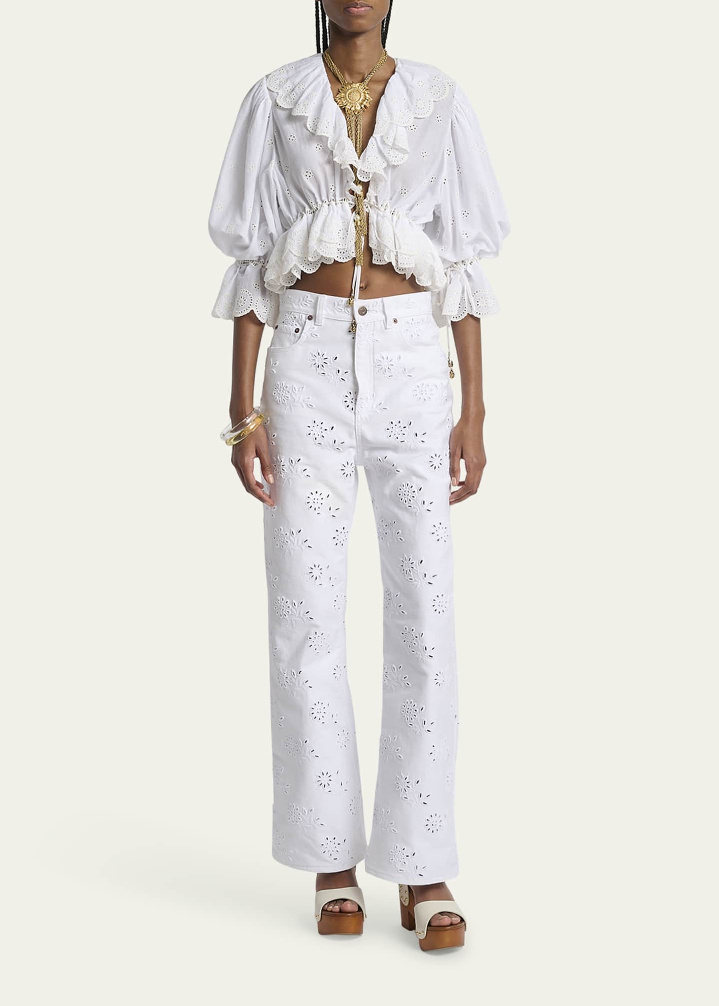 Chloe Eyelet Cotton Ruffle Crop Peasant Blouse Image 2 of 5