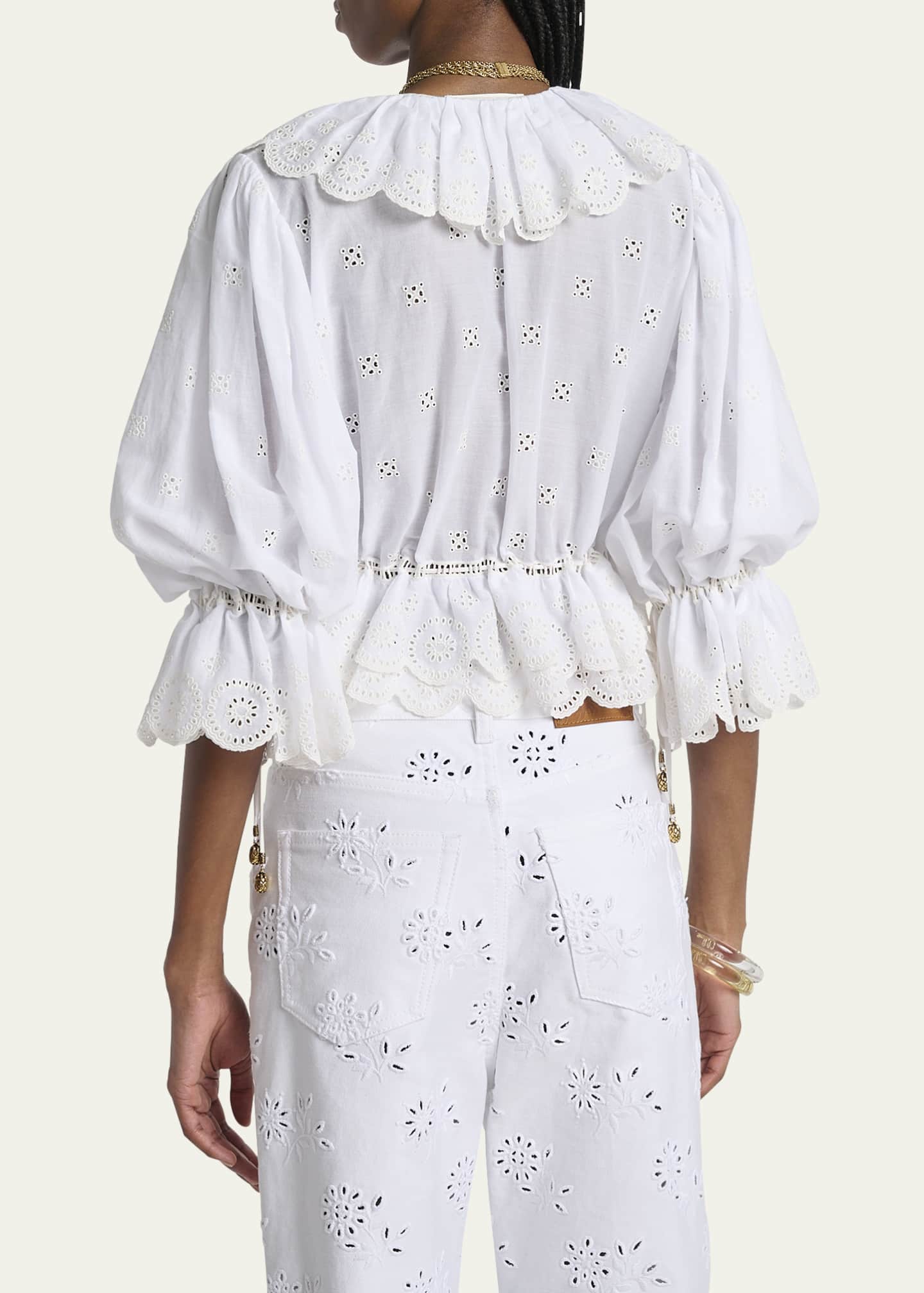 Chloe Eyelet Cotton Ruffle Crop Peasant Blouse Image 3 of 5