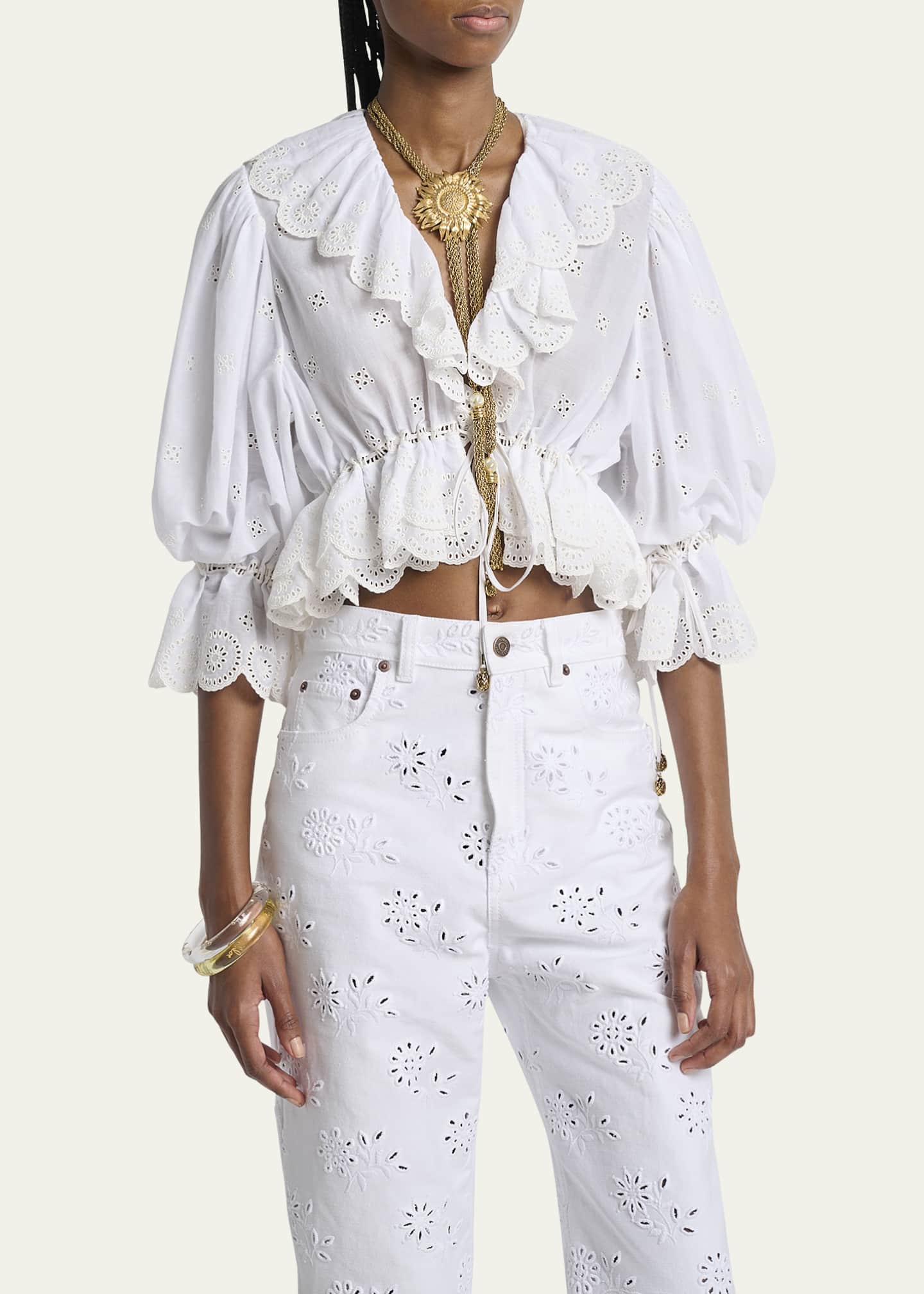 Chloe Eyelet Cotton Ruffle Crop Peasant Blouse Image 4 of 5