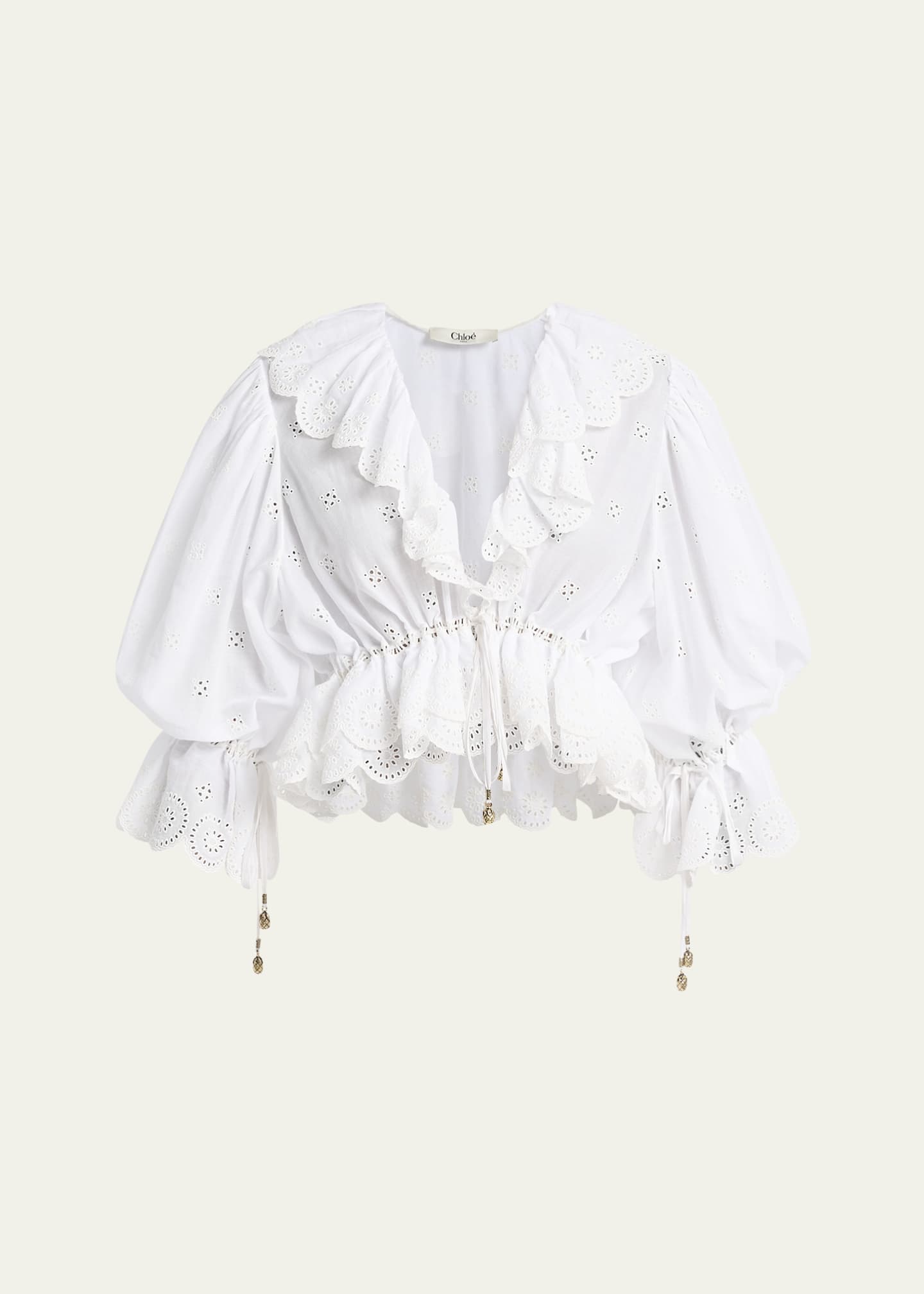 Chloe Eyelet Cotton Ruffle Crop Peasant Blouse Image 1 of 5
