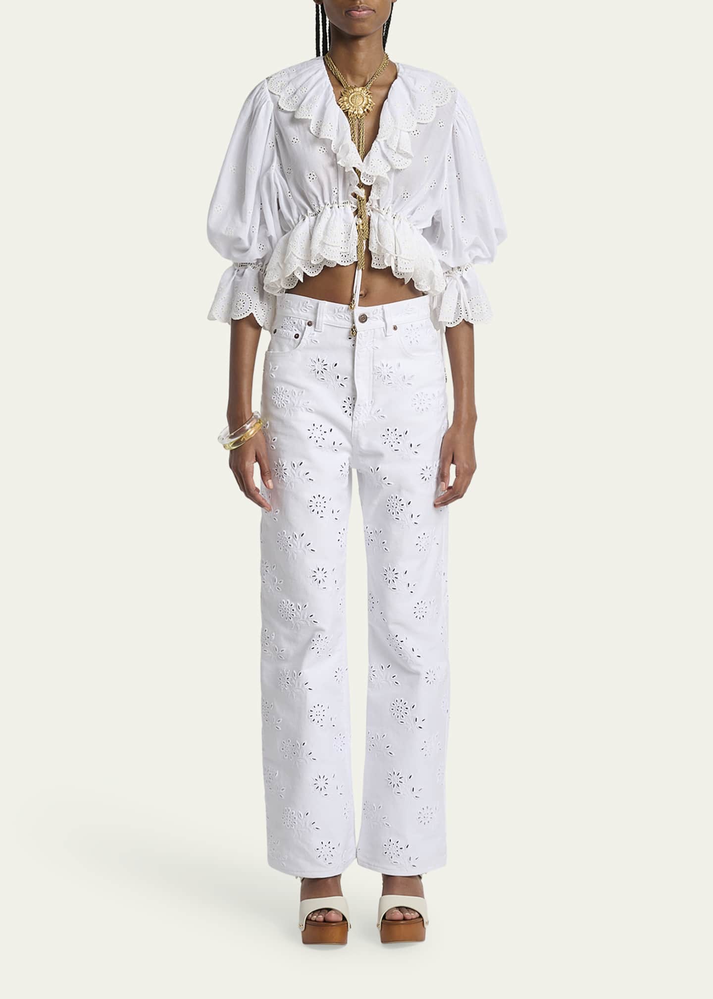 Chloe Broderie Anglaise Denim Straight-Leg Jeans - Bergdorf
