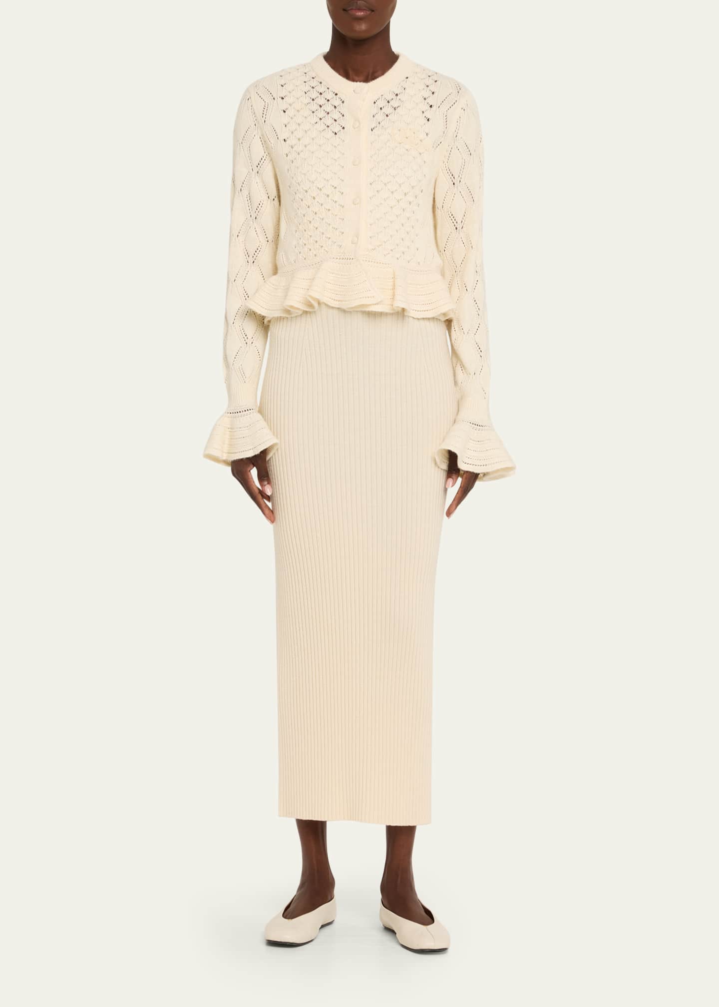 Chloe Open-Knit Ruffle Crewneck Cardigan Image 2 of 5