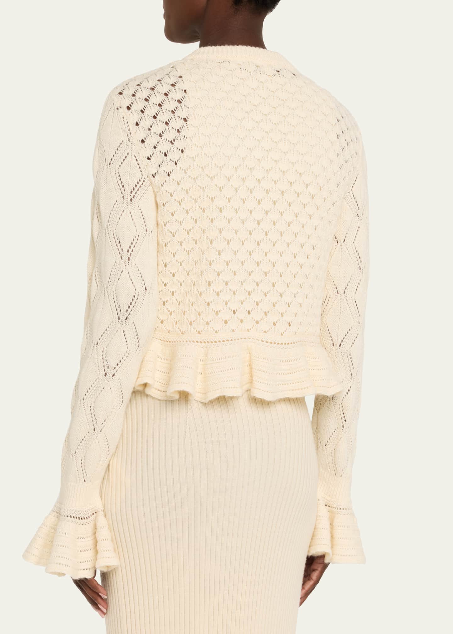 Chloe Open-Knit Ruffle Crewneck Cardigan Image 3 of 5