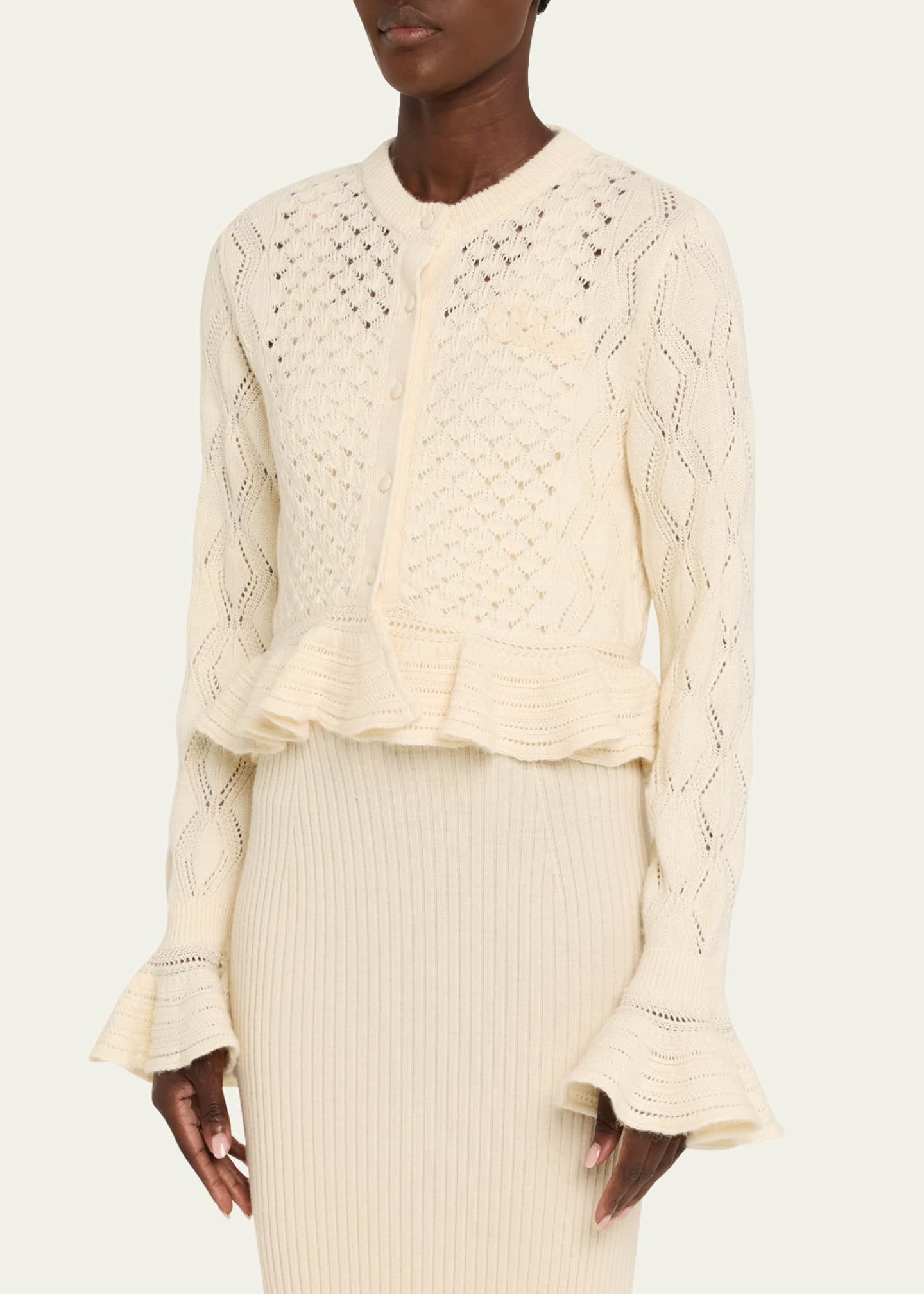 Chloe Open-Knit Ruffle Crewneck Cardigan Image 4 of 5