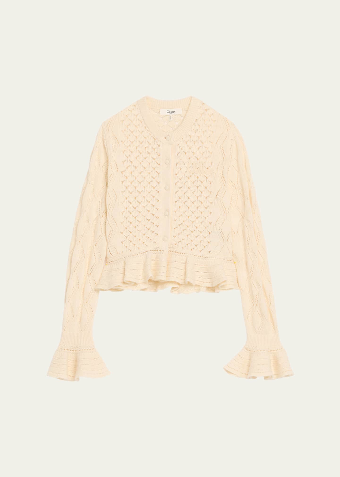 Chloe Open-Knit Ruffle Crewneck Cardigan Image 1 of 5