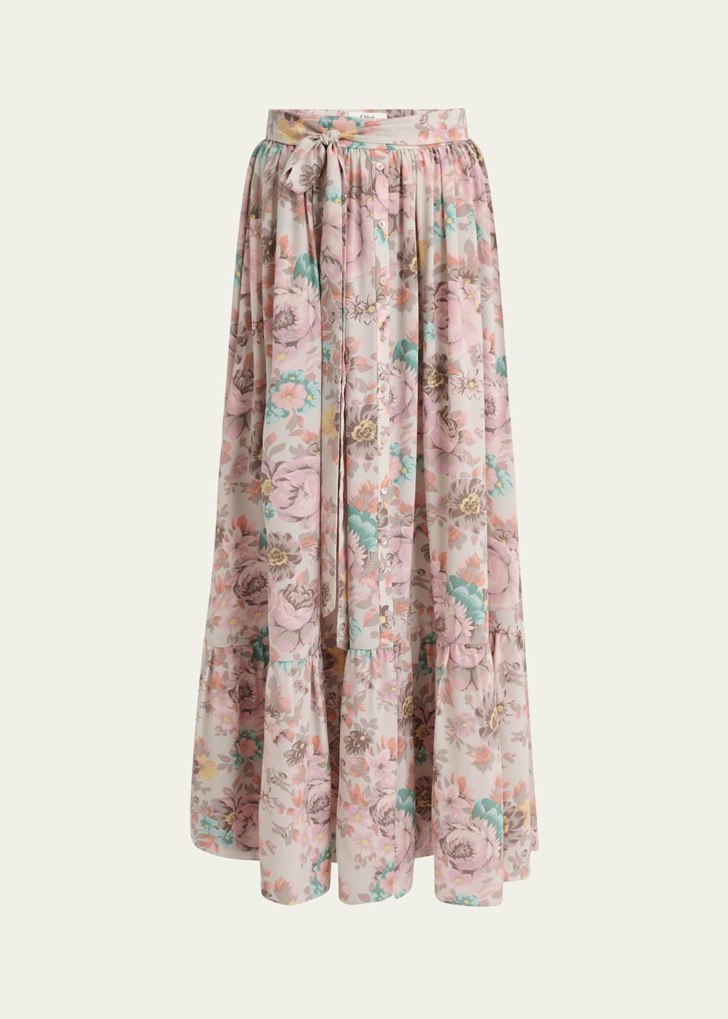 Chloe Belted Floral-Print Silk Maxi Skirt Image 1 of 5