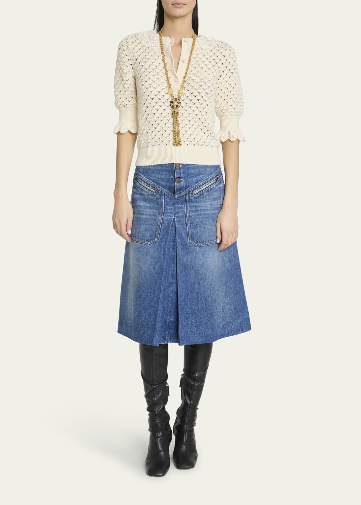 Chloe Lace-Collar Open Knit Polo Top Image 2 of 5