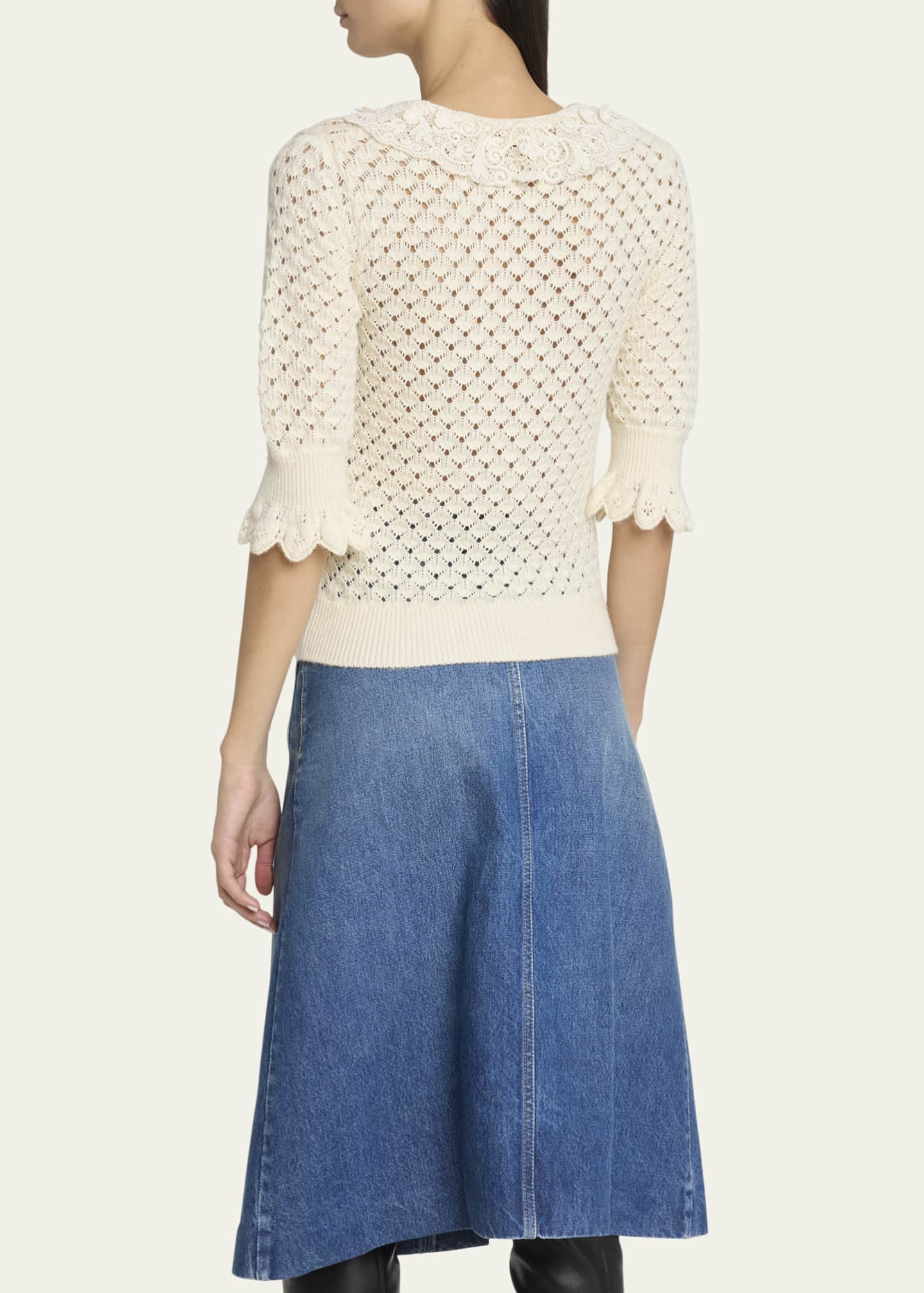 Chloe Lace-Collar Open Knit Polo Top Image 3 of 5