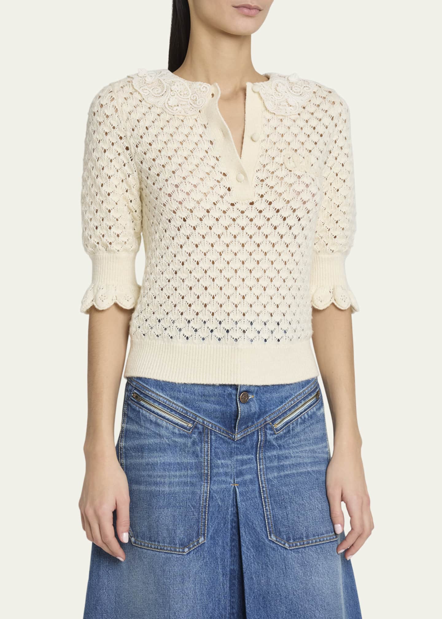 Chloe Lace-Collar Open Knit Polo Top Image 4 of 5