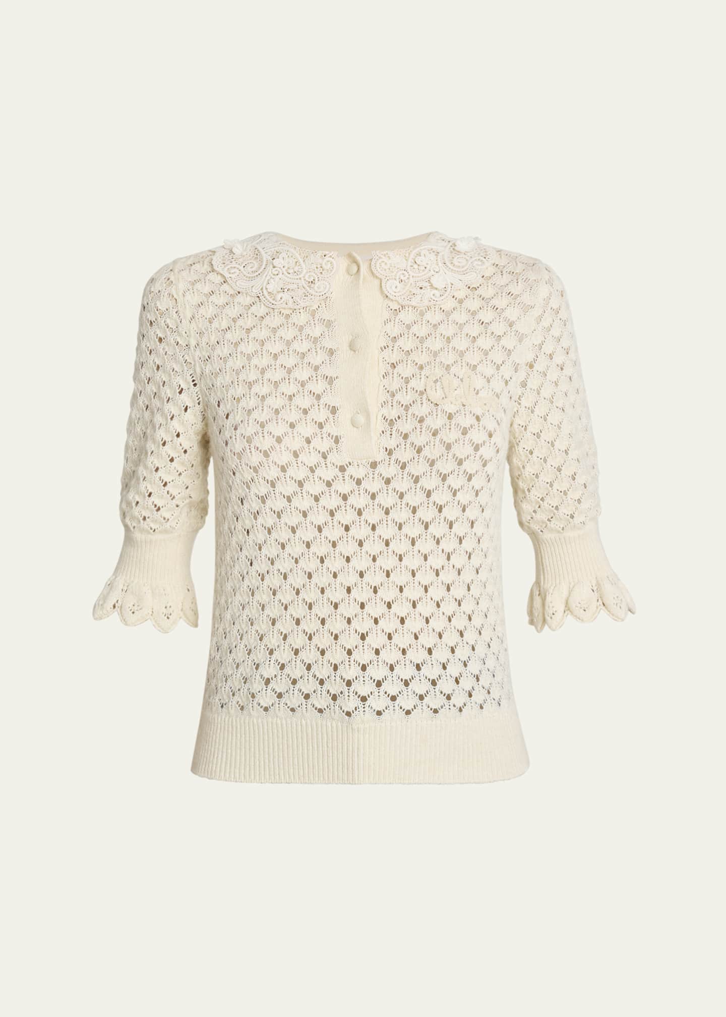 Chloe Lace-Collar Open Knit Polo Top Image 1 of 5