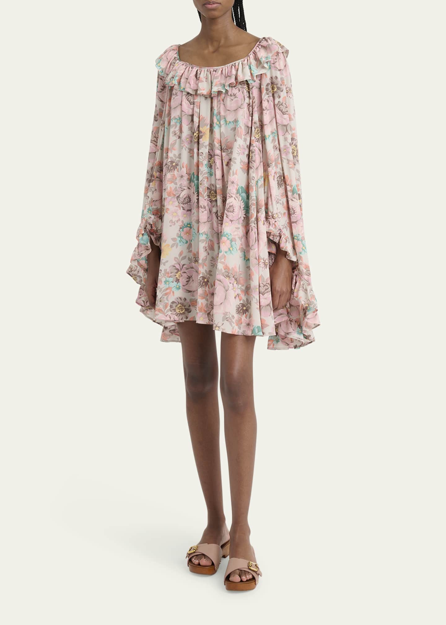 Chloe Ruffle-Trim Silk Mini Shift Dress Image 2 of 5