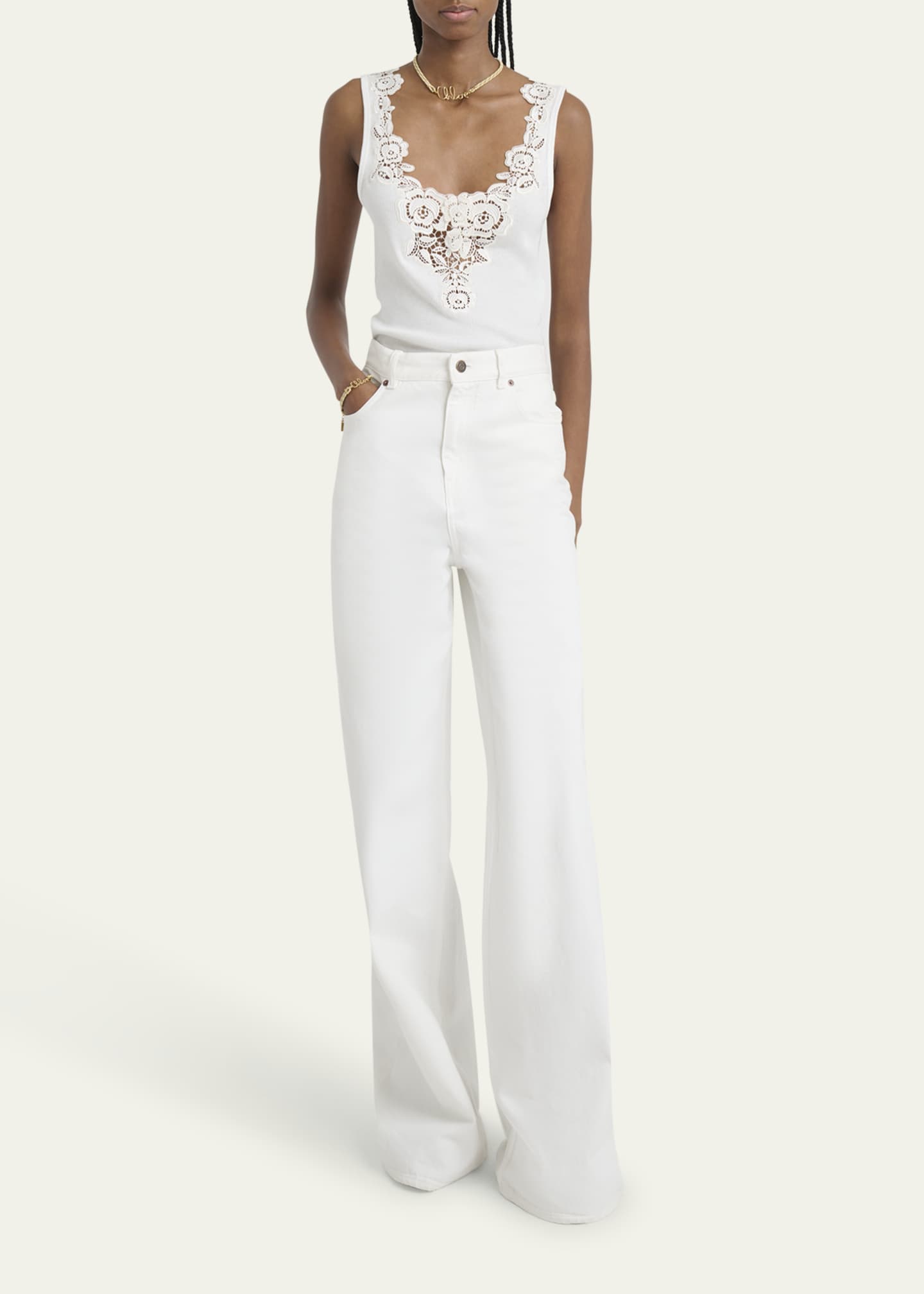 Chloe High-Rise White Denim Wide-Leg Palazzo Pants