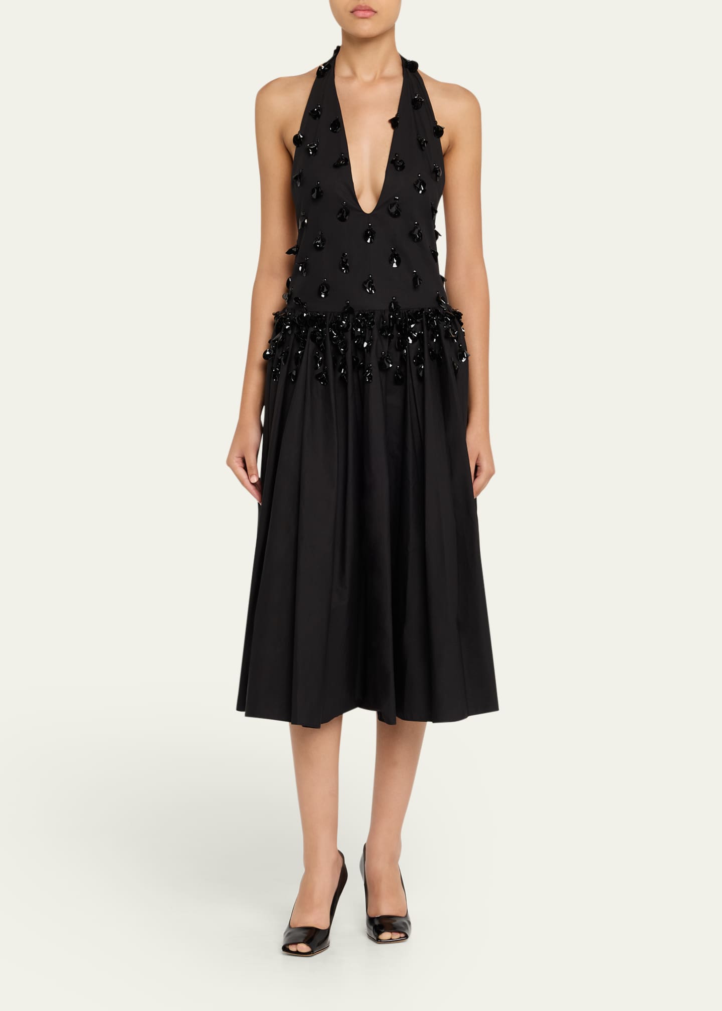 Nuit Embellished Plunging Halter Drop-Waist Gown