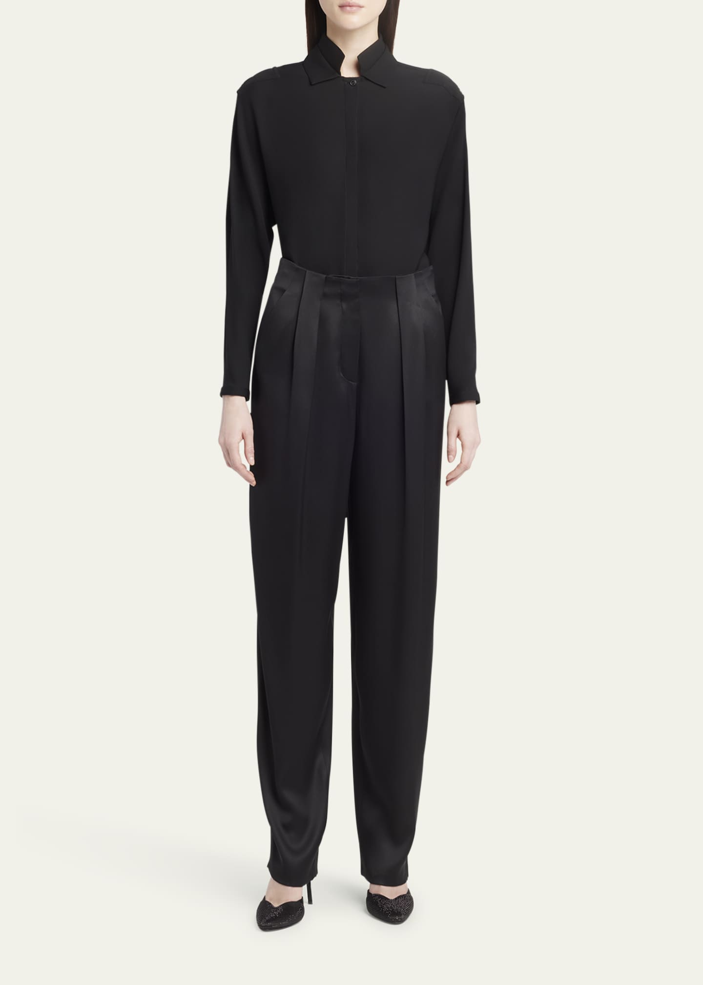 パンツ Giorgio Armani Grey Silk Satin Trousers With Double Pleats Giorgio Armani Silk Satin Pleated Straight-Leg Trousers