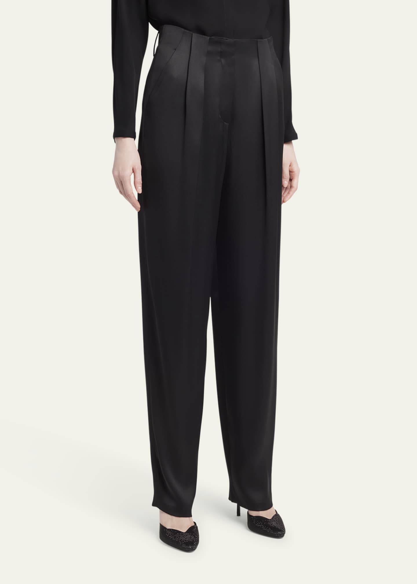 パンツ Giorgio Armani Grey Silk Satin Trousers With Double Pleats Giorgio Armani Silk Satin Pleated Straight-Leg Trousers