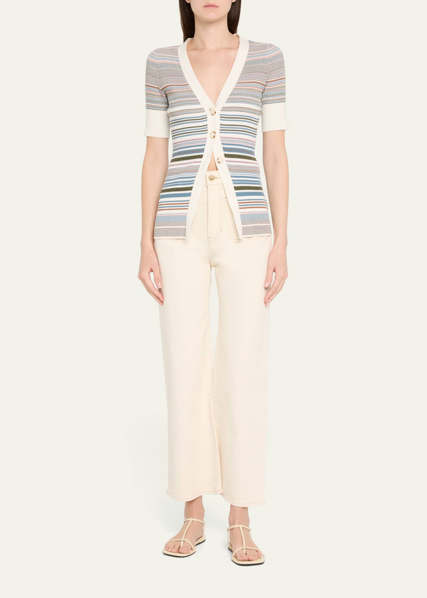 Veronica Beard Fawne Stripe Short-Sleeve Cardigan Image 2 of 5