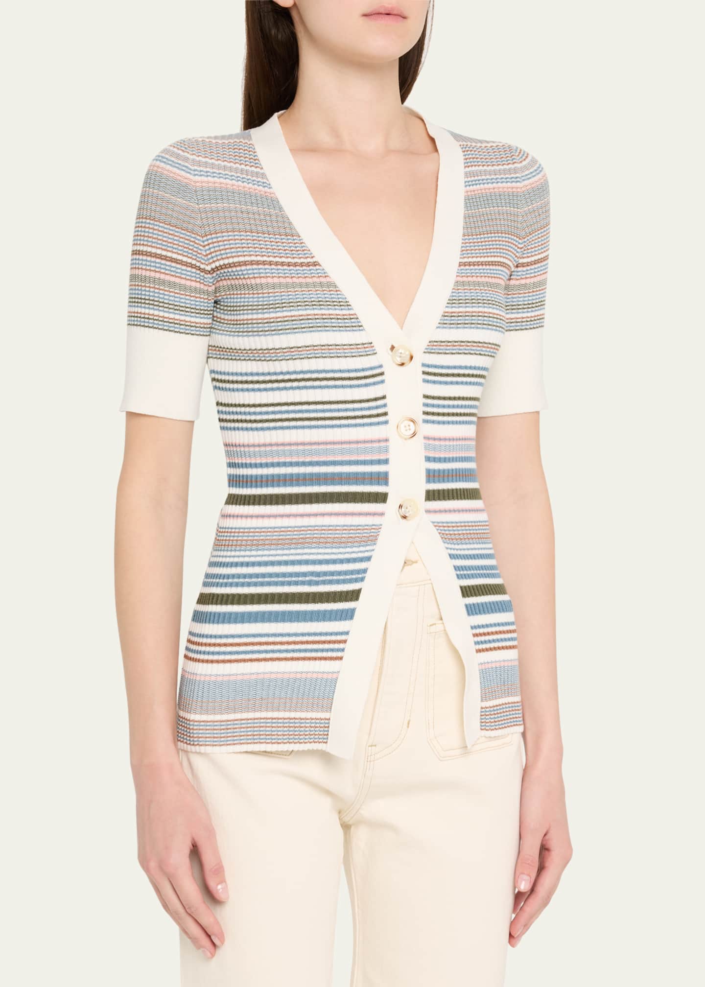 Veronica Beard Fawne Stripe Short-Sleeve Cardigan Image 4 of 5