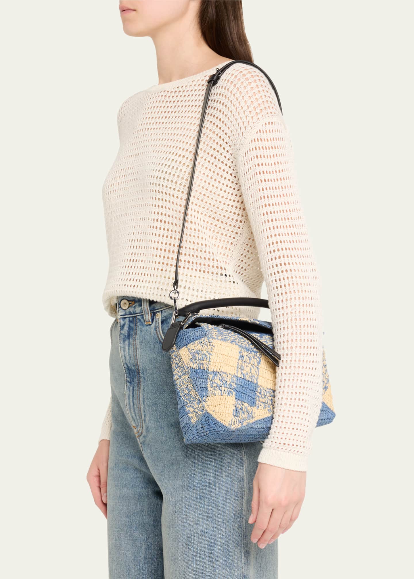 Loewe x Paula’s Ibiza Small Puzzle Edge Shoulder Bag in Gingham Raffia Image 2 of 6