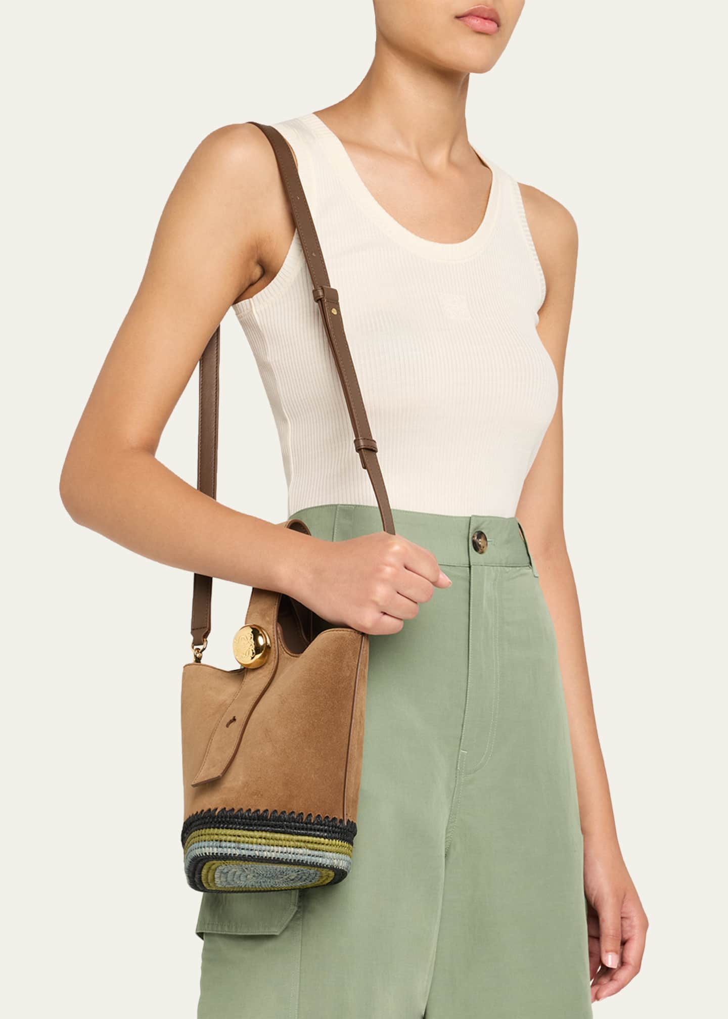 Loewe Pebble Raffia-Bottom Mini Bucket Bag in Suede Image 2 of 6