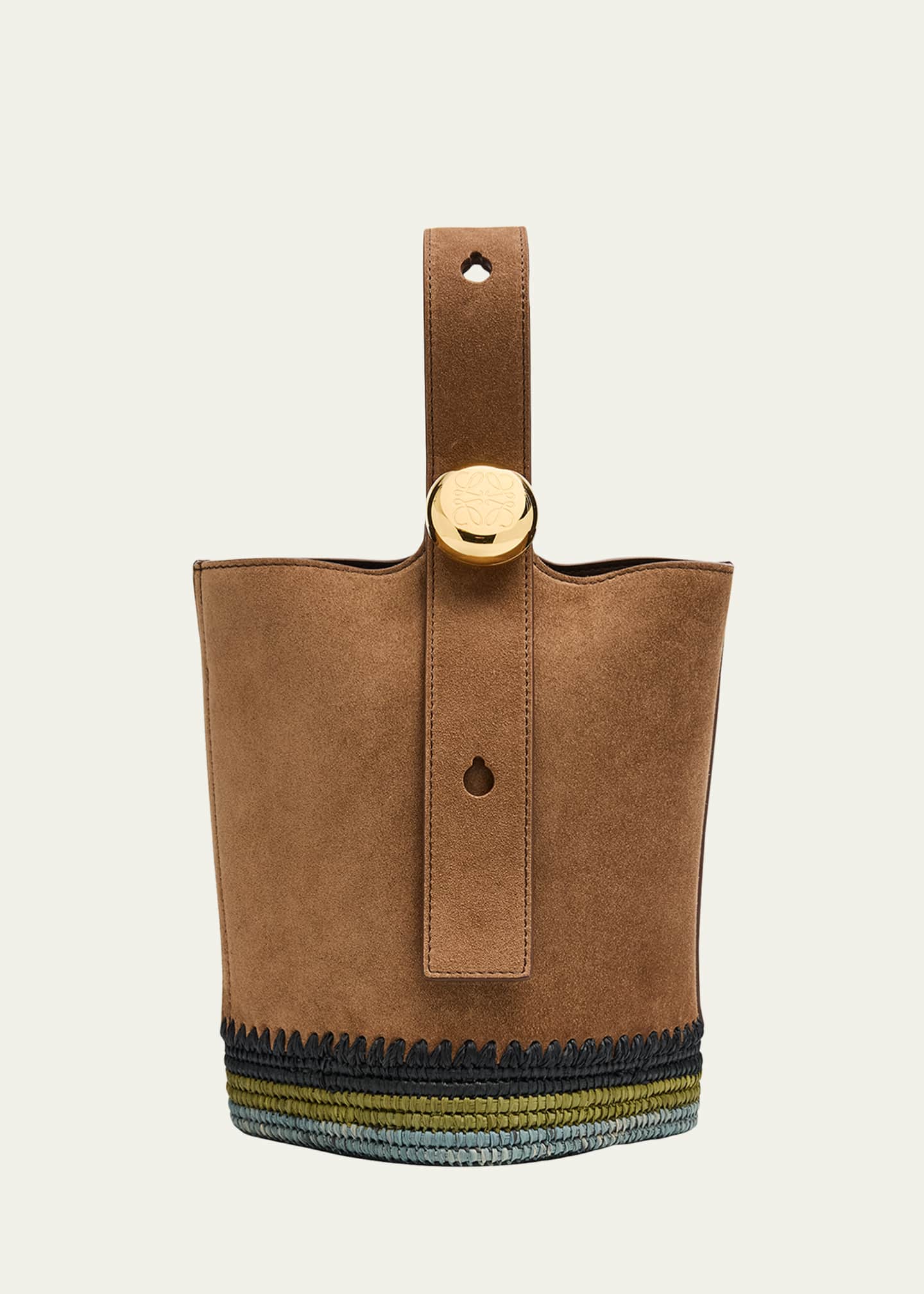 Loewe Pebble Raffia-Bottom Mini Bucket Bag in Suede Image 1 of 6