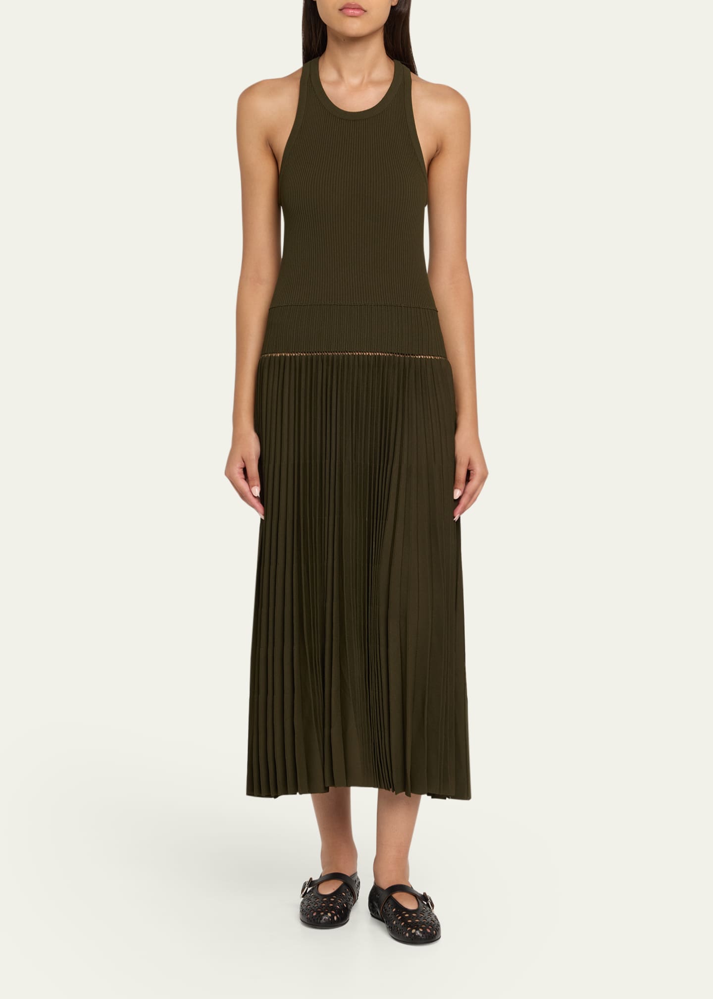 Sleeveless Drop-Waist Pleated Midi Dress