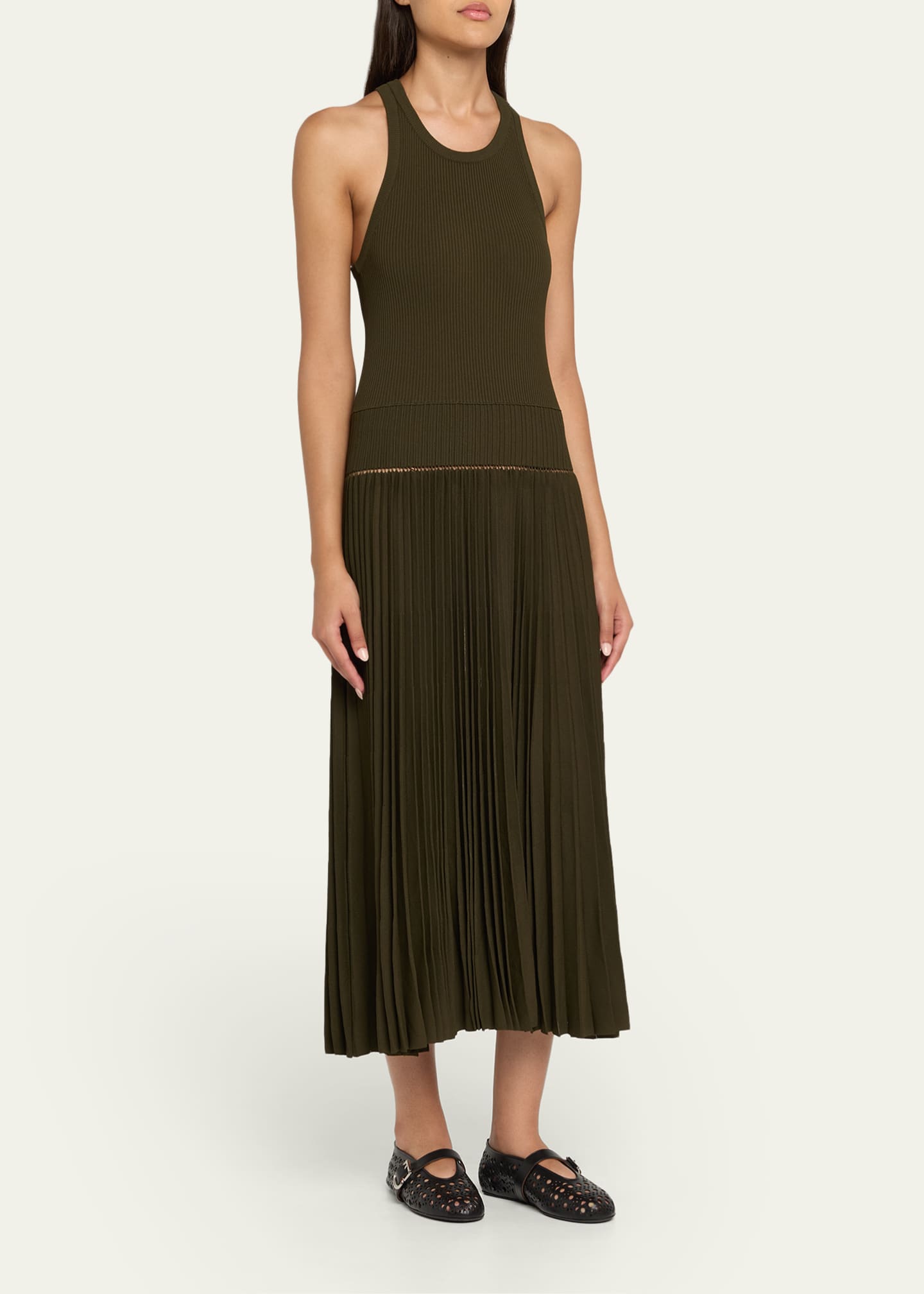 Sleeveless Drop-Waist Pleated Midi Dress