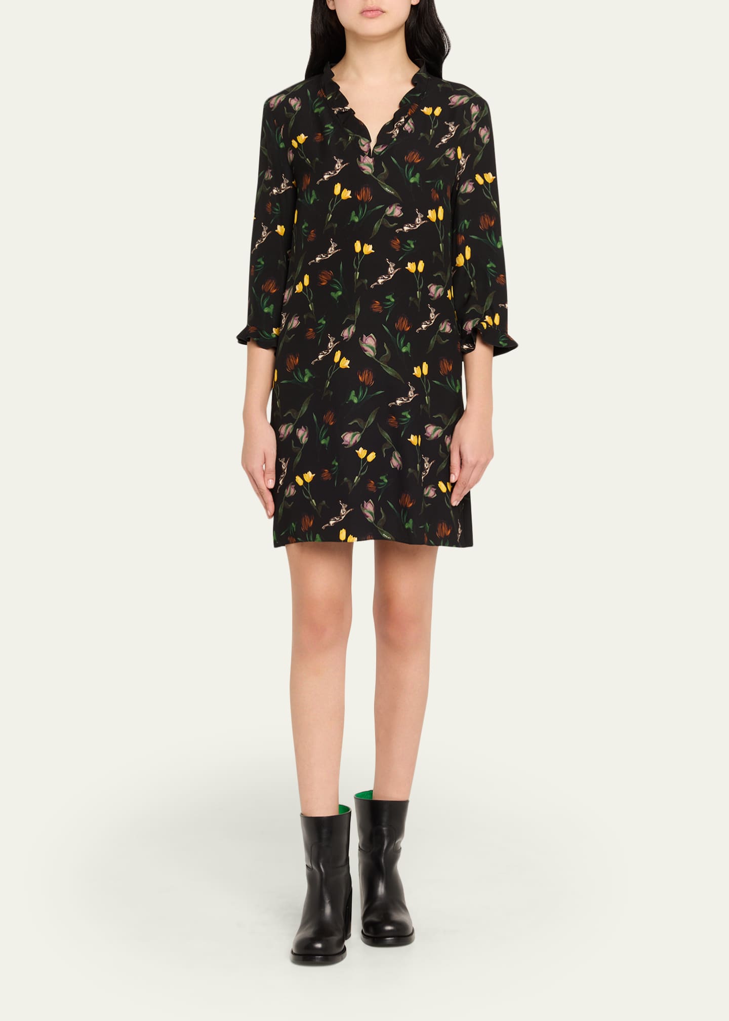 Marni Floral Ruffle 3/4-Sleeve Mini Dress - Bergdorf Goodman