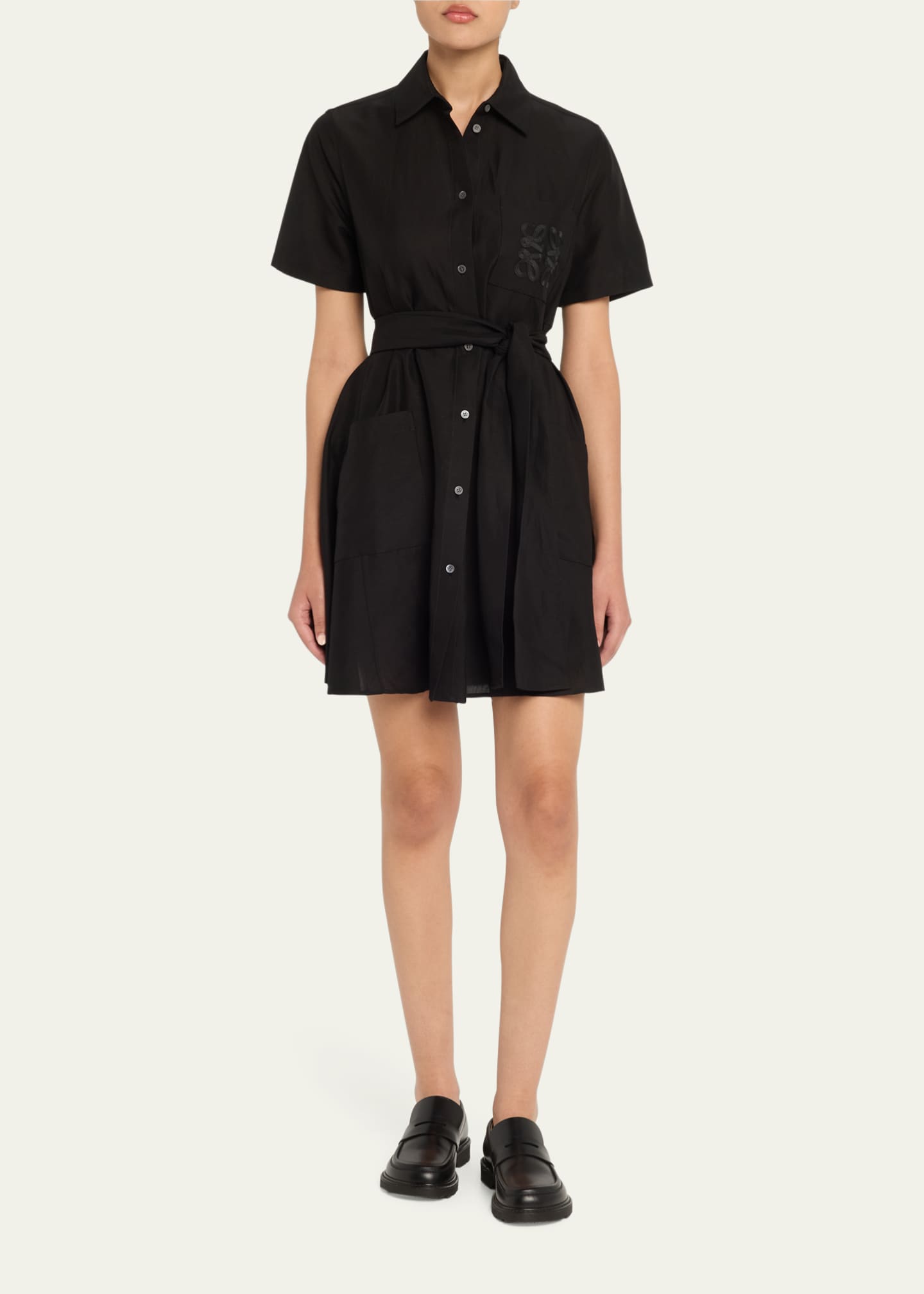Loewe Anagram Pocket Short-Sleeve Belted Mini Shirtdress Image 2 of 5