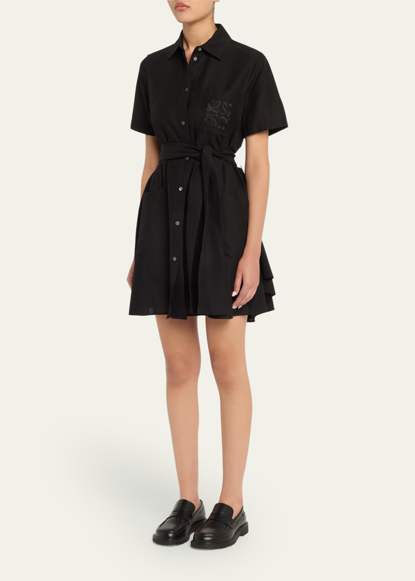 Loewe Anagram Pocket Short-Sleeve Belted Mini Shirtdress Image 4 of 5