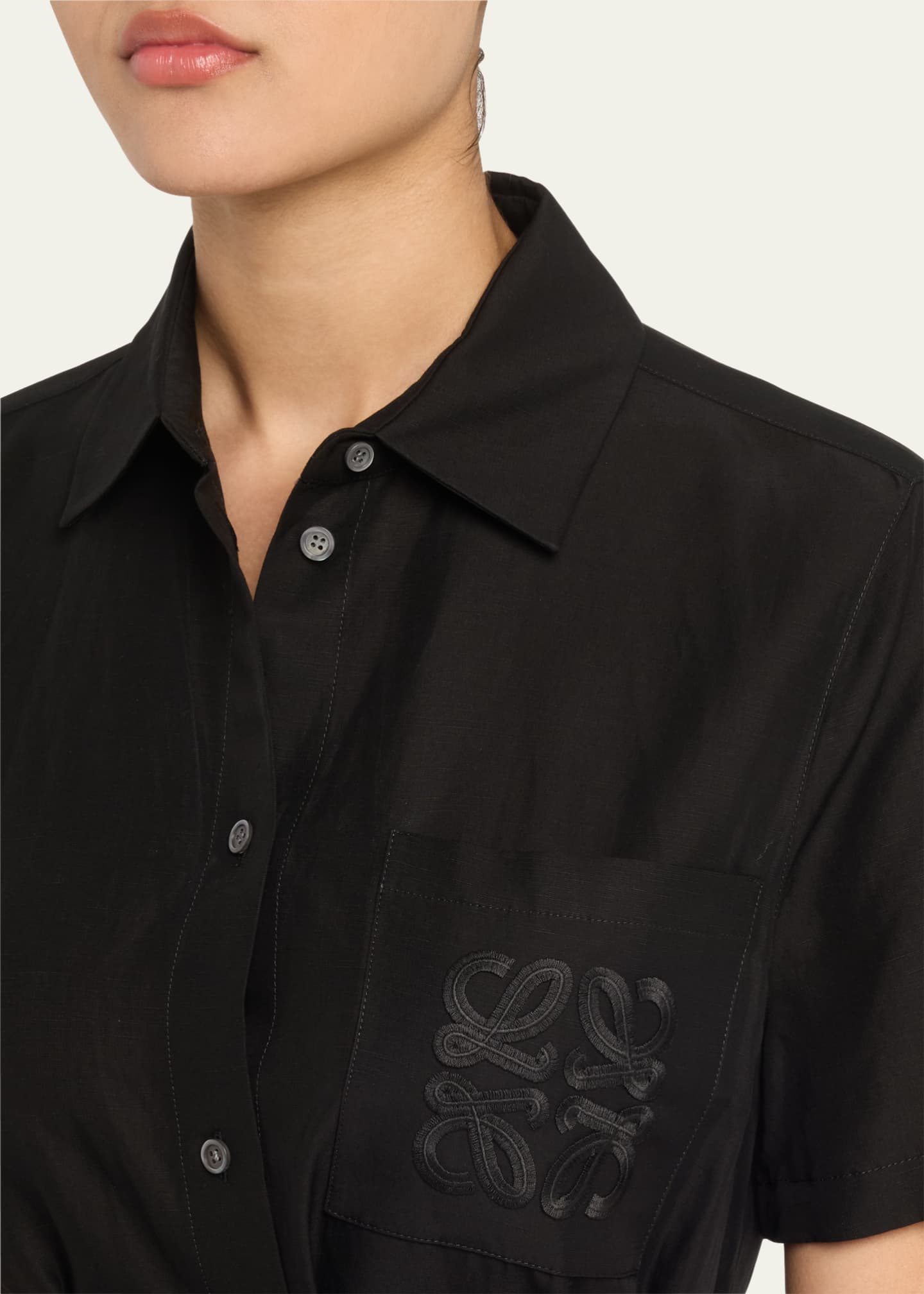 Loewe Anagram Pocket Short-Sleeve Belted Mini Shirtdress Image 5 of 5
