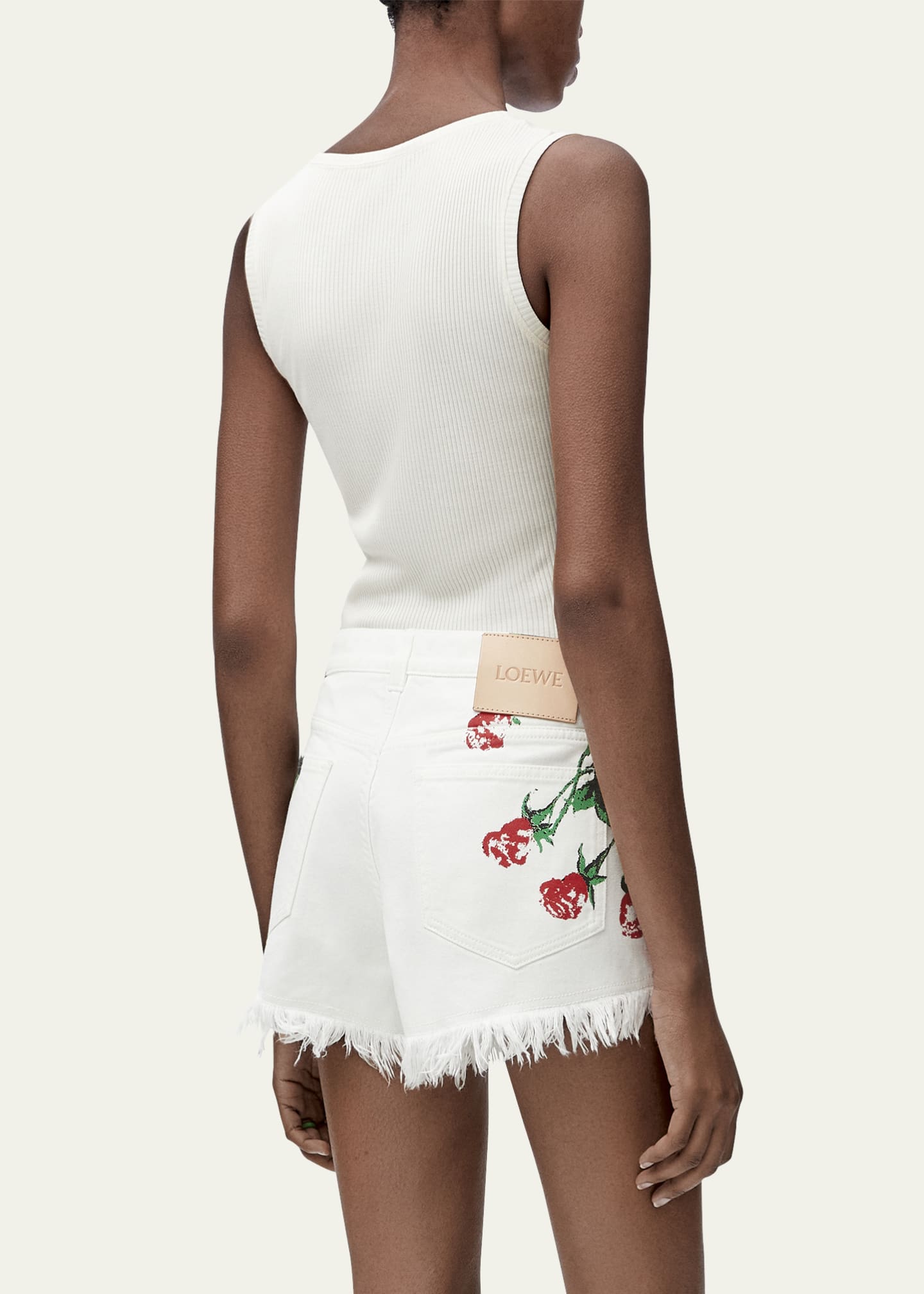 Loewe Flower-Print Fringed Peekaboo Denim Shorts Image 2 of 4