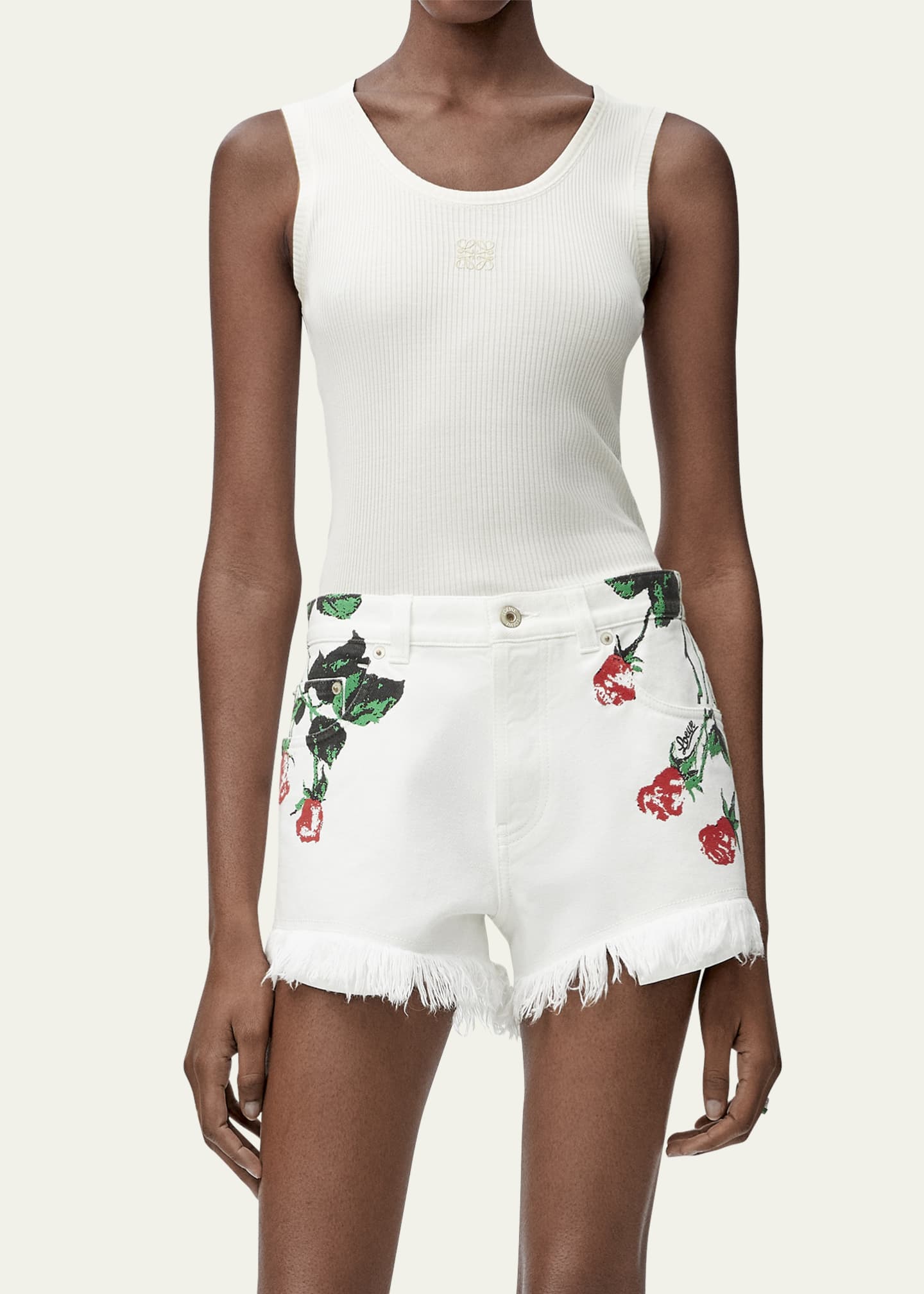 Loewe Flower-Print Fringed Peekaboo Denim Shorts Image 3 of 4