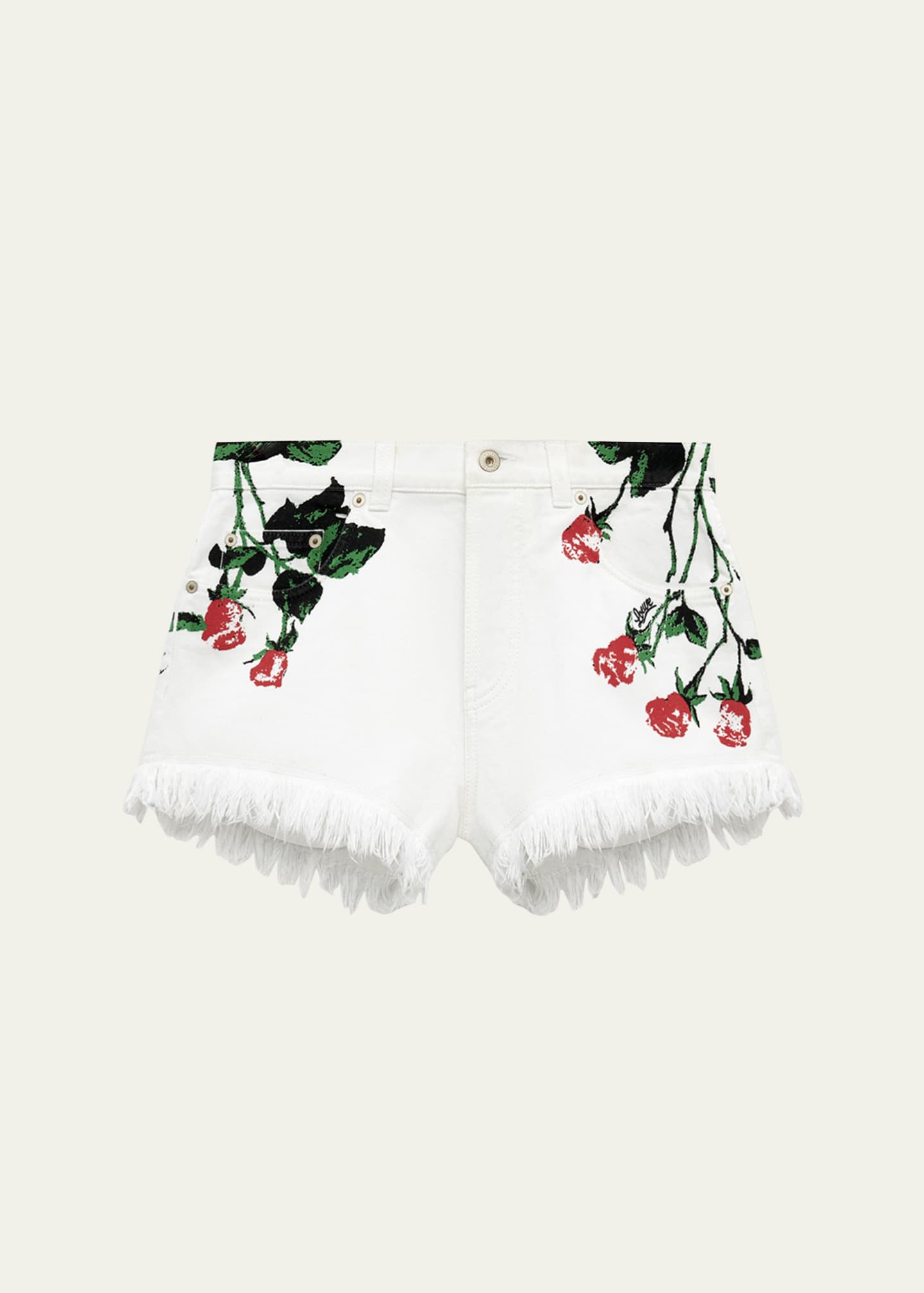 Loewe Flower-Print Fringed Peekaboo Denim Shorts Image 1 of 4