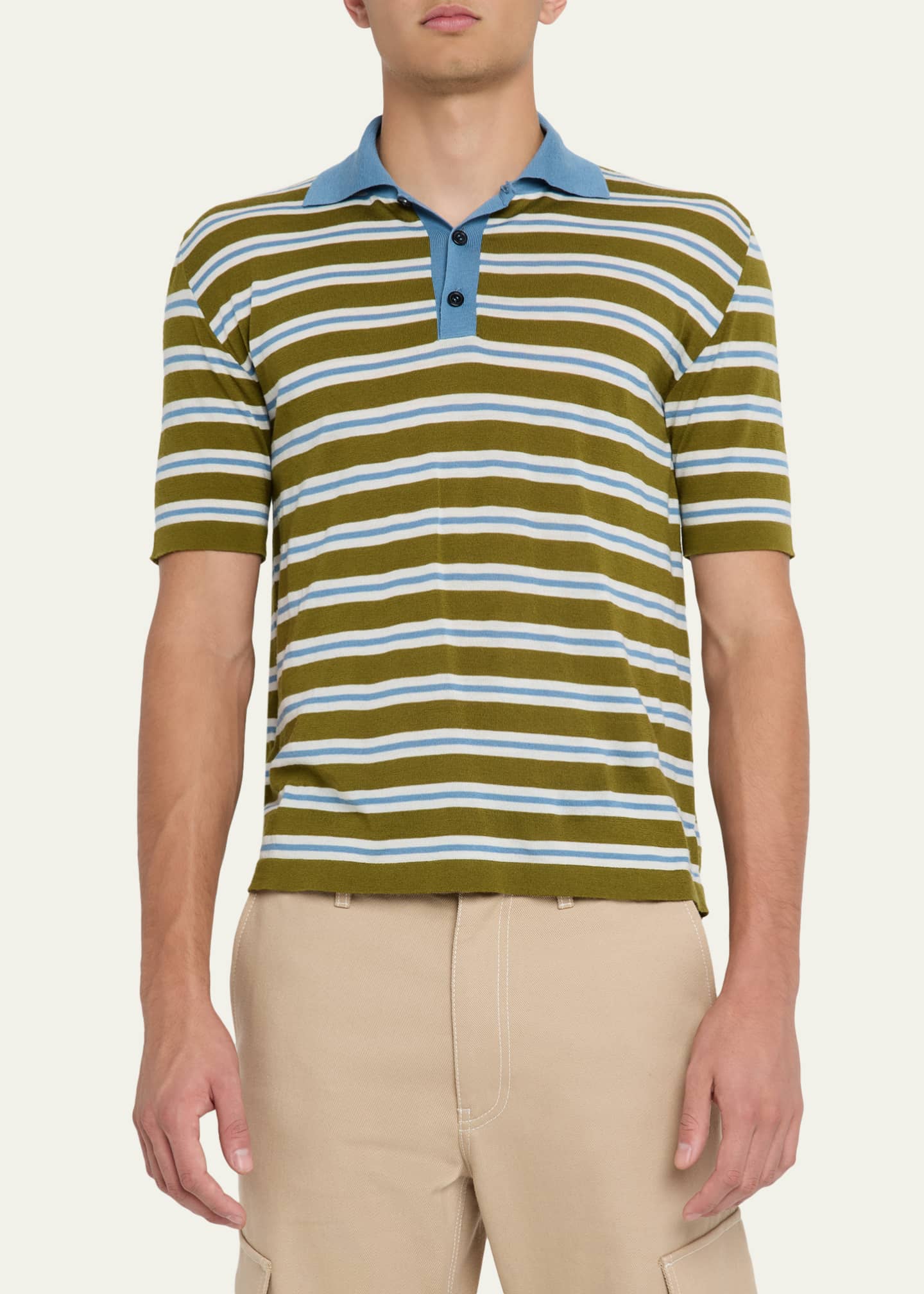 Long sleeved blue and white striped organic cotton polo
