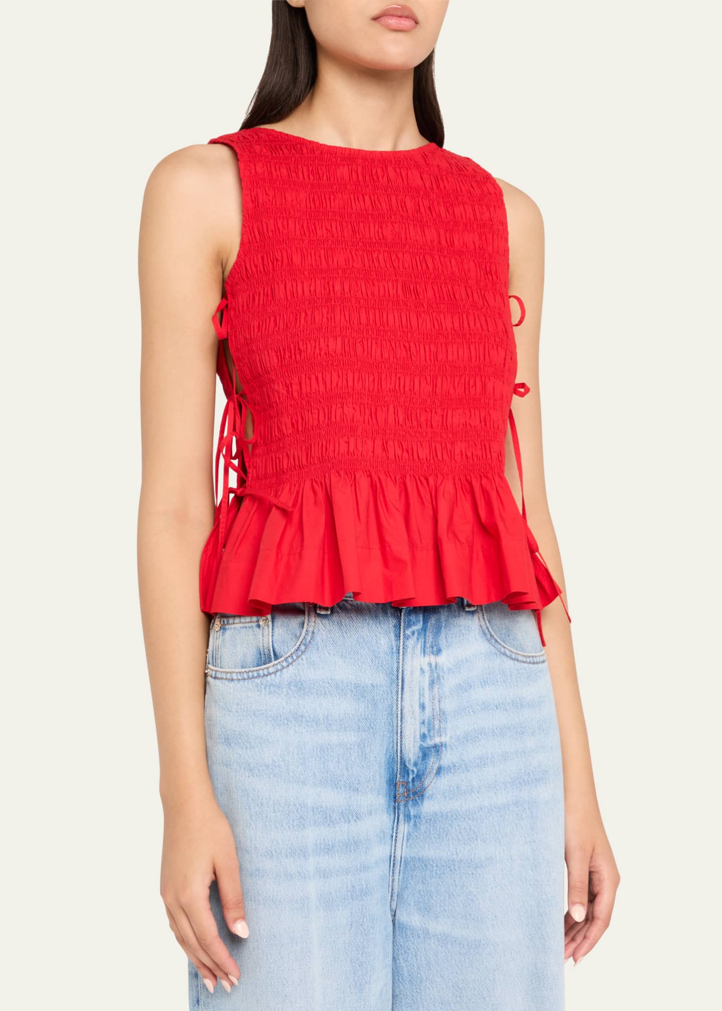 Ganni Smocked Side-Tie Peplum Top Image 4 of 5