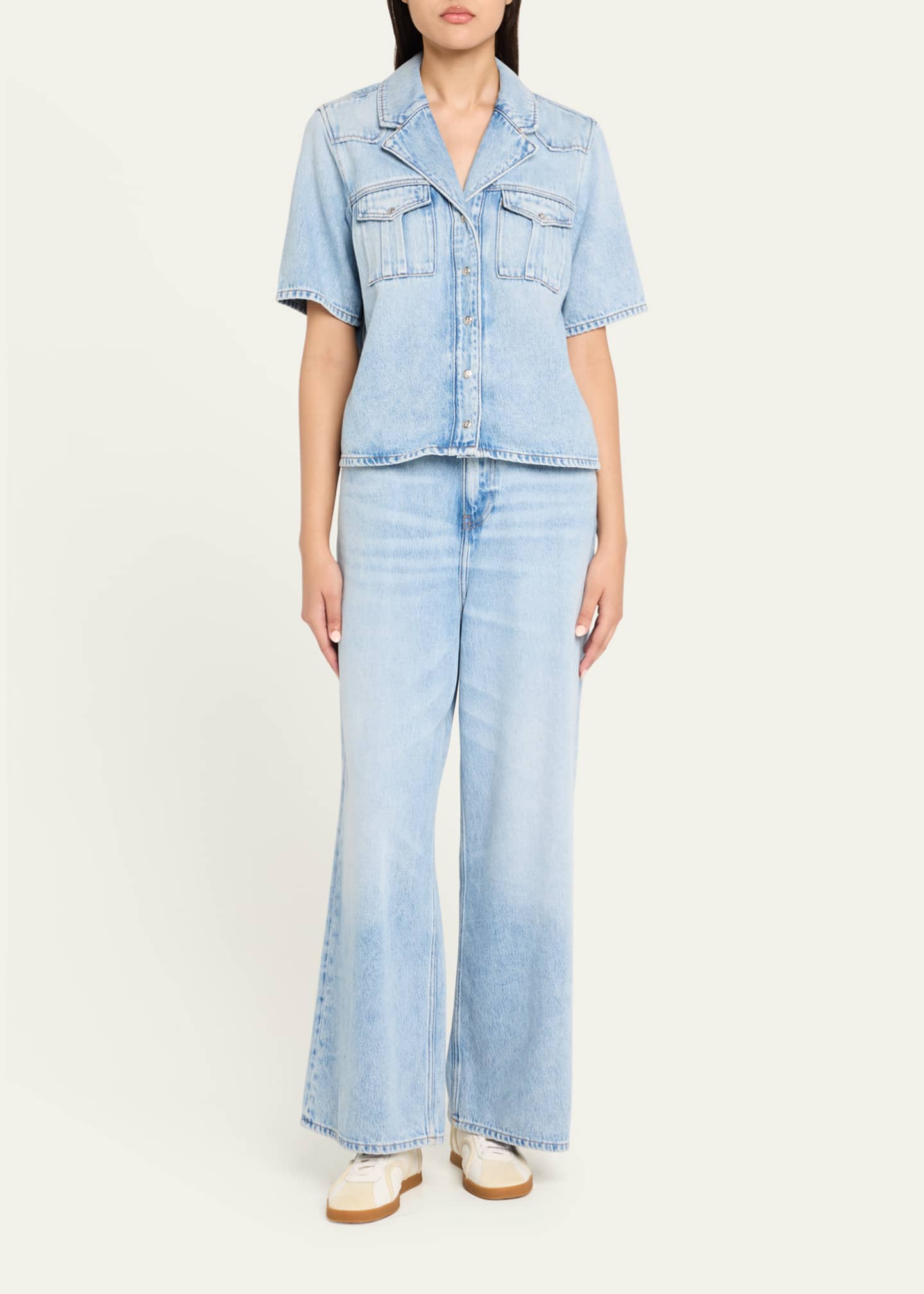 Ganni Soft Rigid Short-Sleeve Denim Shirt Image 2 of 5