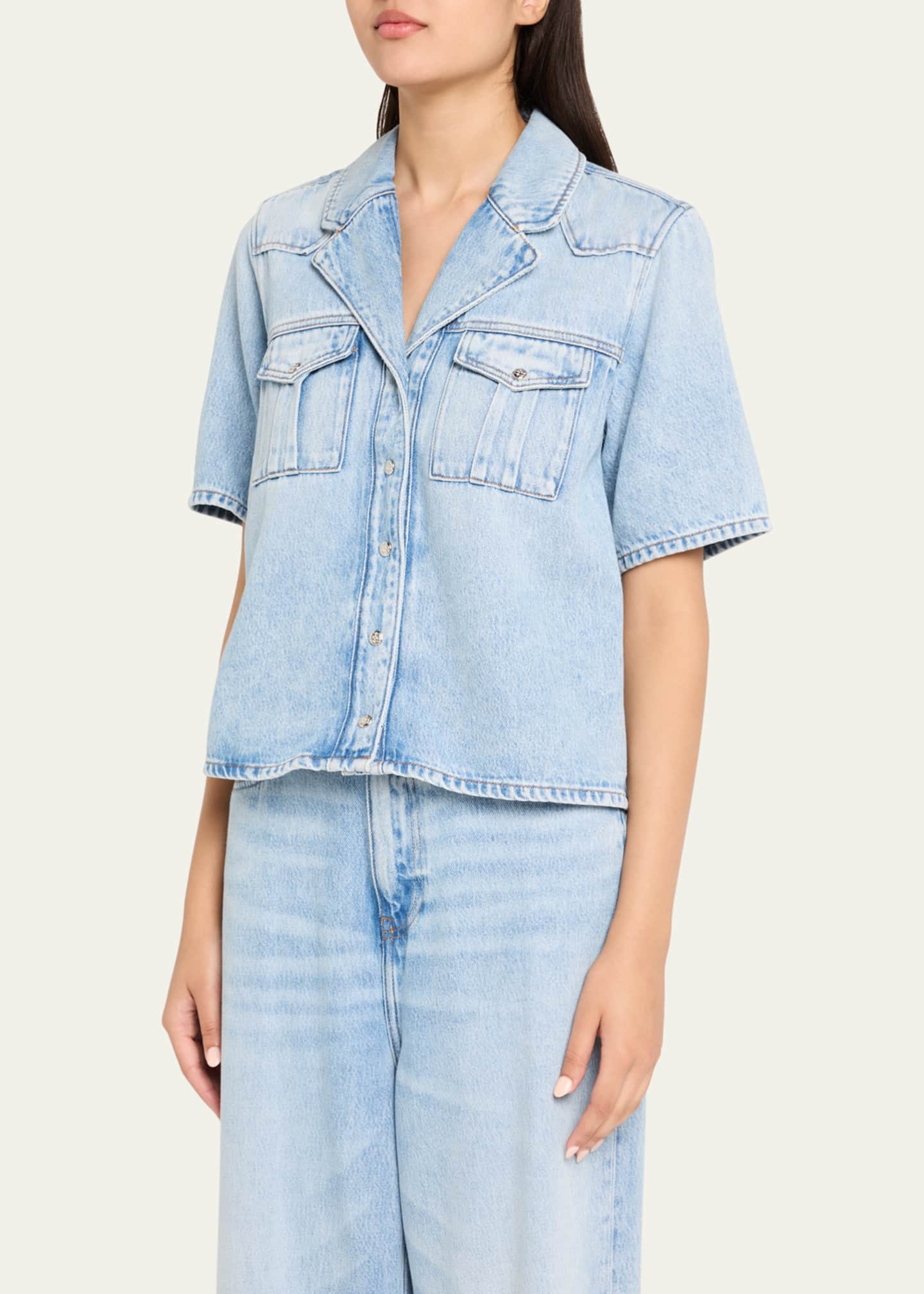 Ganni Soft Rigid Short-Sleeve Denim Shirt Image 4 of 5